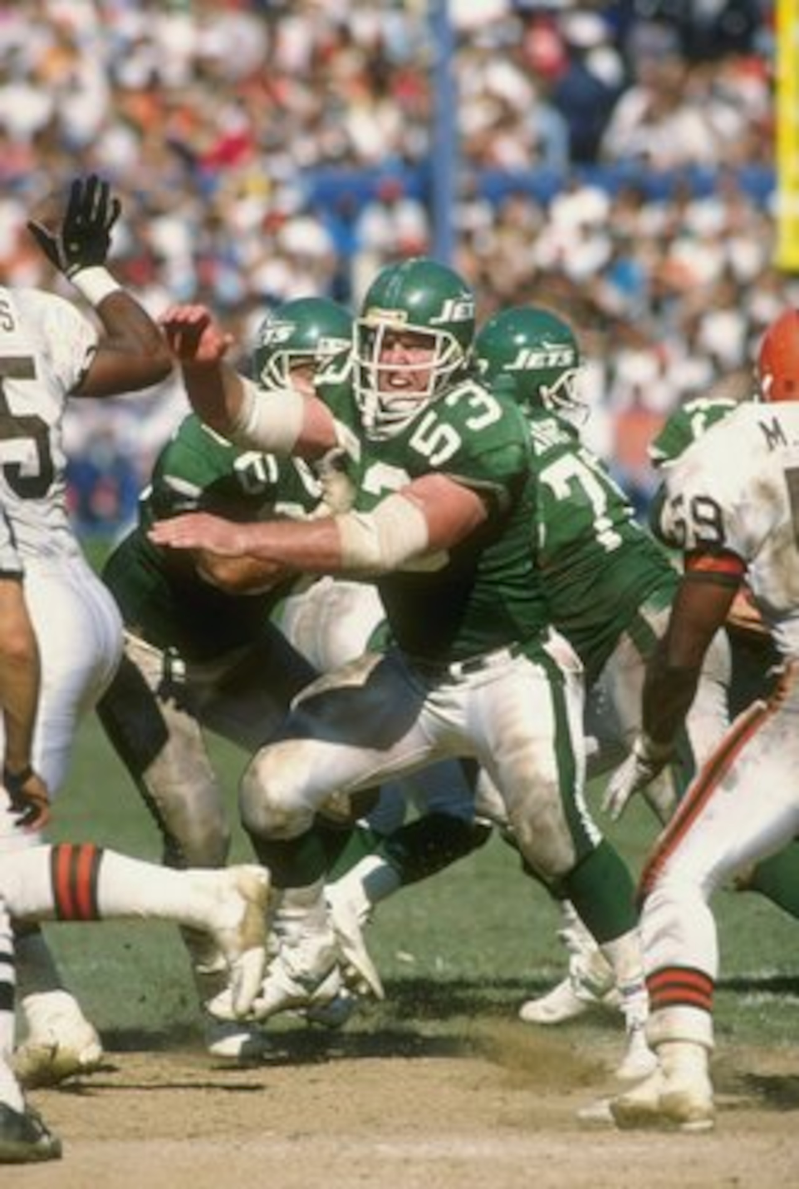 1989:  Offensive tackle Jim Sweeney of the New York Jets in action during a game against the Cleveland Browns at Cleveland Stadium in Cleveland, Ohio.  The Browns won the game 38-24. Mandatory Credit: Rick Stewart  /Allsport
