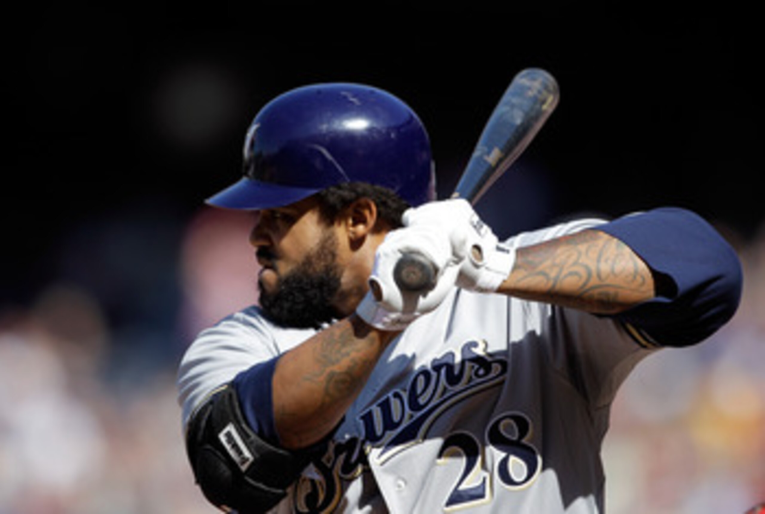 WASHINGTON, DC - APRIL 17:  Prince Fielder #28 of the Milwaukee Brewers at the plate against the Washington Nationals at Nationals Park on April 17, 2011 in Washington, DC.  (Photo by Rob Carr/Getty Images)