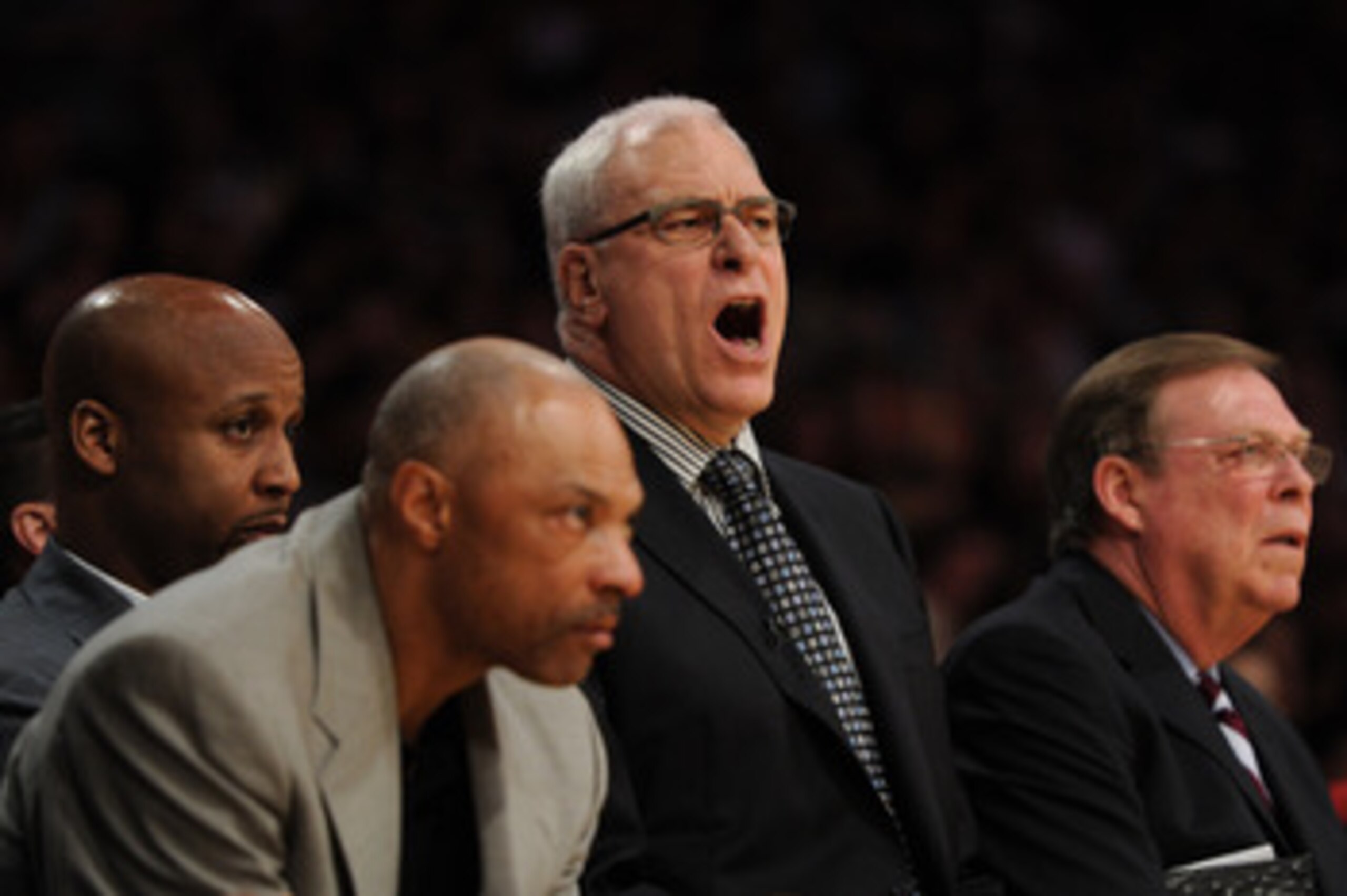 LOS ANGELES, CA - APRIL 26: (2nd R) Head coach Phil Jackson of the Los Angeles Lakers reacts as he sits between assistant coaches (L) Jim Cleamons, (2nd L) Brian Shaw and (R) Frank Hamblen in the second quarter while taking on the New Orleans Hornets in LOS ANGELES, CA - APRIL 26: (2nd R) Head coach Phil Jackson of the Los Angeles Lakers reacts as he sits between assistant coaches (L) Jim Cleamons, (2nd L) Brian Shaw and (R) Frank Hamblen in the second quarter while taking on the New Orleans Hornets in