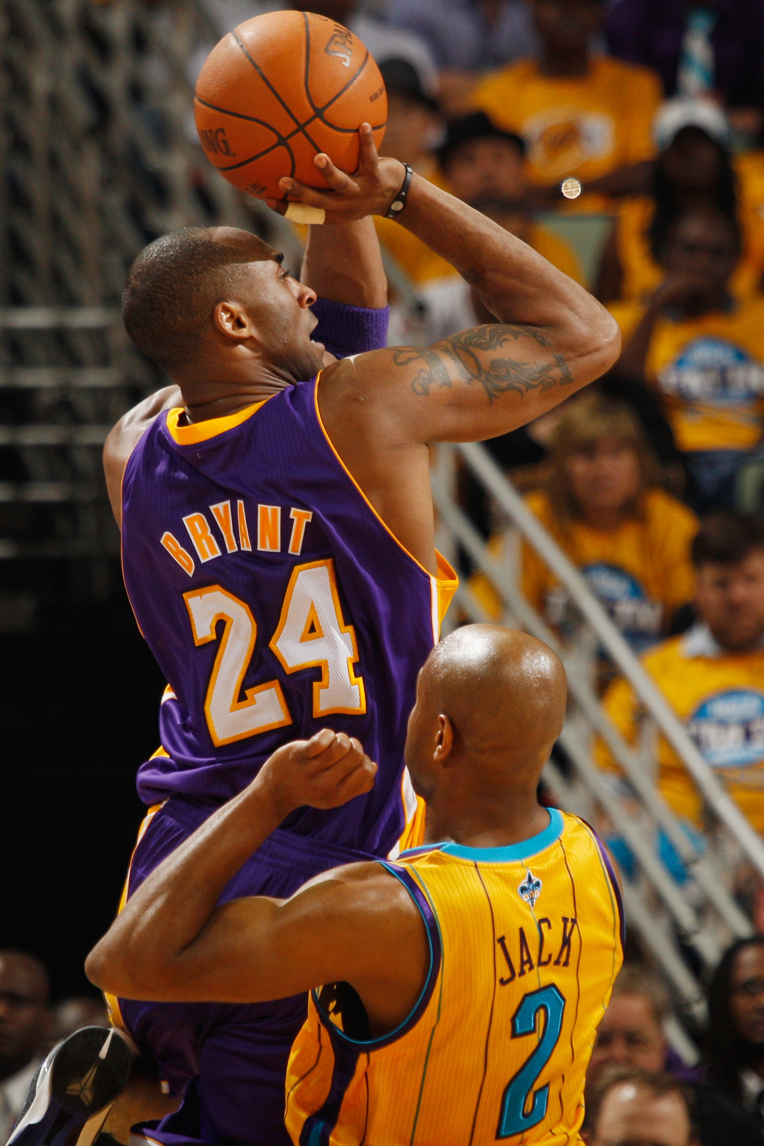 NEW ORLEANS, LA - APRIL 22:  Kobe Bryant #24 of the Los Angeles Lakers shoots the ball over Jarrett Jack #2 of the New Orleans Hornets in Game Three of the Western Conference Quarterfinals in the 2011 NBA Playoffs at the New Orleans Arena  on April 22, 20