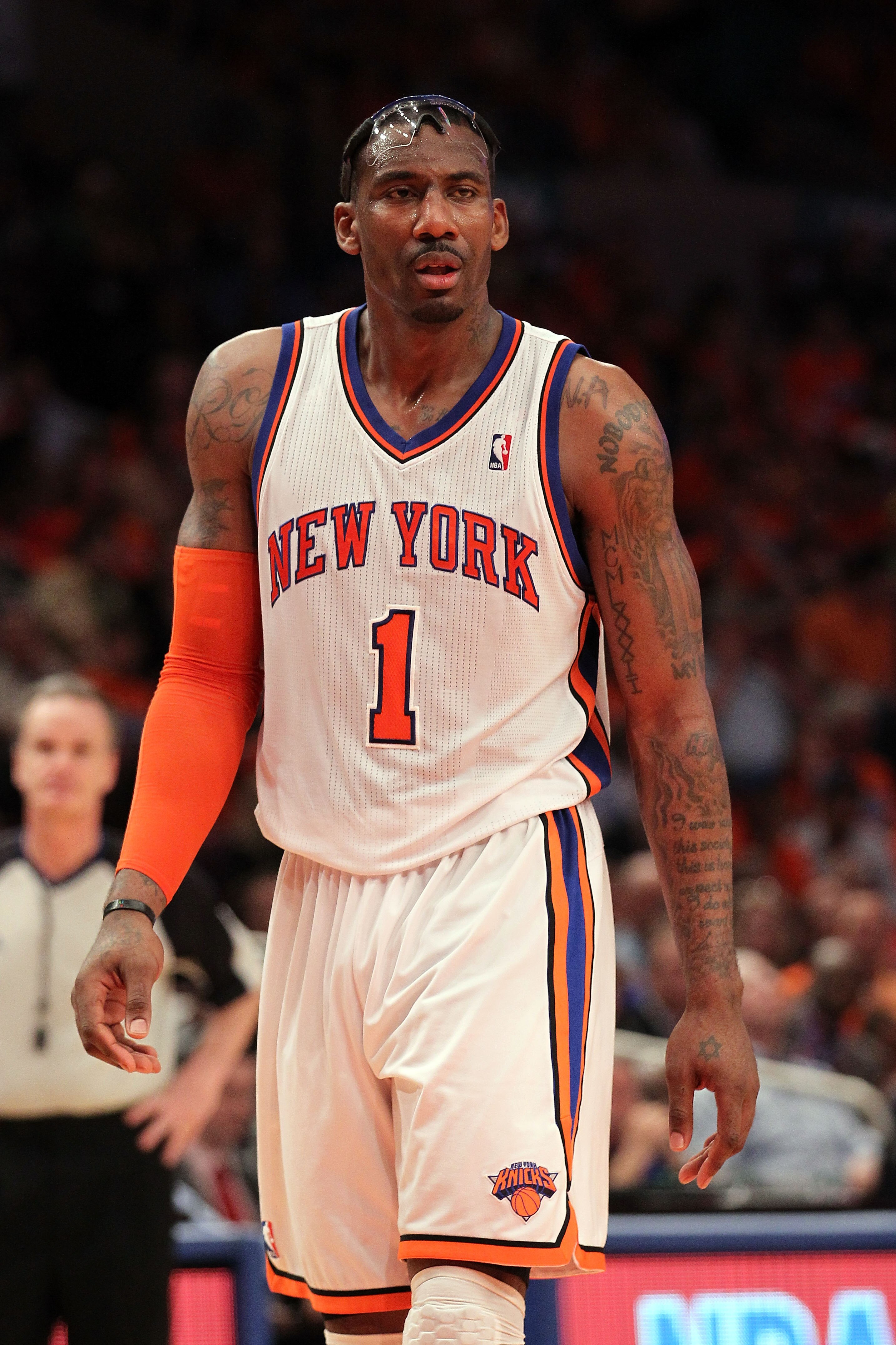NEW YORK, NY - APRIL 24:  Amar'e Stoudemire #1 of the New York Knicks looks on against the Boston Celtics in Game Four of the Eastern Conference Quarterfinals during the 2011 NBA Playoffs on April 24, 2011 at Madison Square Garden in New York City. The Ce