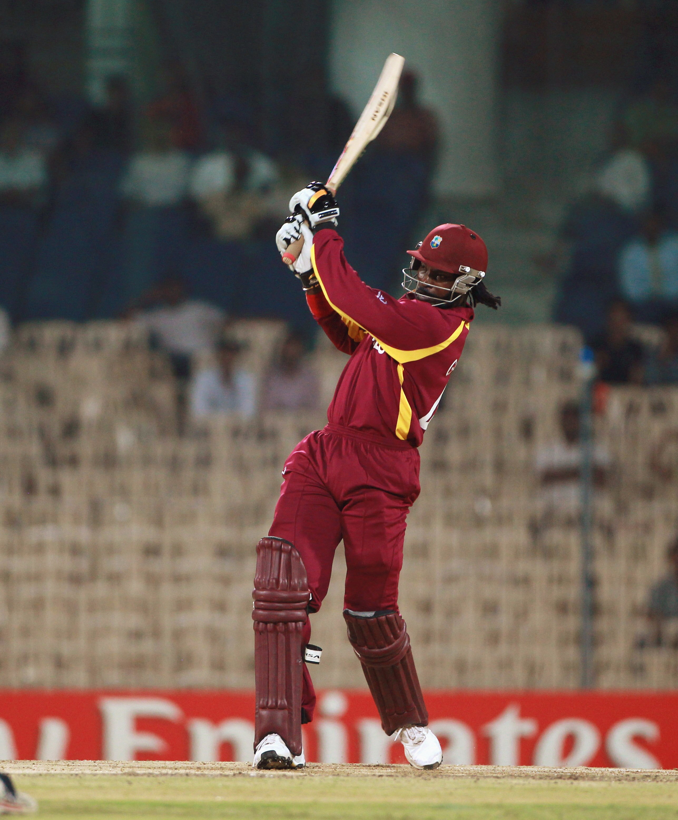 CHENNAI, INDIA - MARCH 17:  Chris Gayle of the West Indies hits out during the Group B ICC World Cup match between England and West Indies at M. A. Chidambaram Stadium on March 17, 2011 in Chennai, India.  (Photo by Tom Shaw/Getty Images)