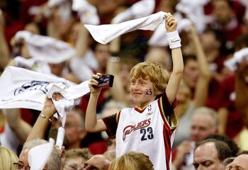 CLEVELAND - MAY 20: Fans of the Cleveland Cavaliers react in the stands during Game One of the Eastern Conference Finals against the Orlando Magic during the 2009 Playoffs at Quicken Loans Arena on May 20, 2009 in Cleveland, Ohio. NOTE TO USER: User expre