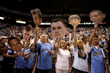 SALT LAKE CITY - APRIL 26:  Utah Jazz fans hold up headshots of their favorite players during Game Four of the Western Conference Quarterfinals against the Houston Rockets during the 2008 NBA Playoffs at Energy Solutions Arena on April 26, 2008 in Salt La