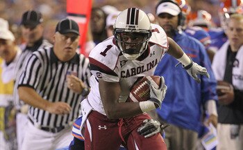 GAINESVILLE, FL - NOVEMBER 13: Alshon Jeffery #1 of the South Carolina Gamecocks rushes during a game against the Florida Gators at Ben Hill Griffin Stadium on November 13, 2010 in Gainesville, Florida. (Photo by Mike Ehrmann/Getty Images) GAINESVILLE, FL - NOVEMBER 13: Alshon Jeffery #1 of the South Carolina Gamecocks rushes during a game against the Florida Gators at Ben Hill Griffin Stadium on November 13, 2010 in Gainesville, Florida. (Photo by Mike Ehrmann/Getty Images)