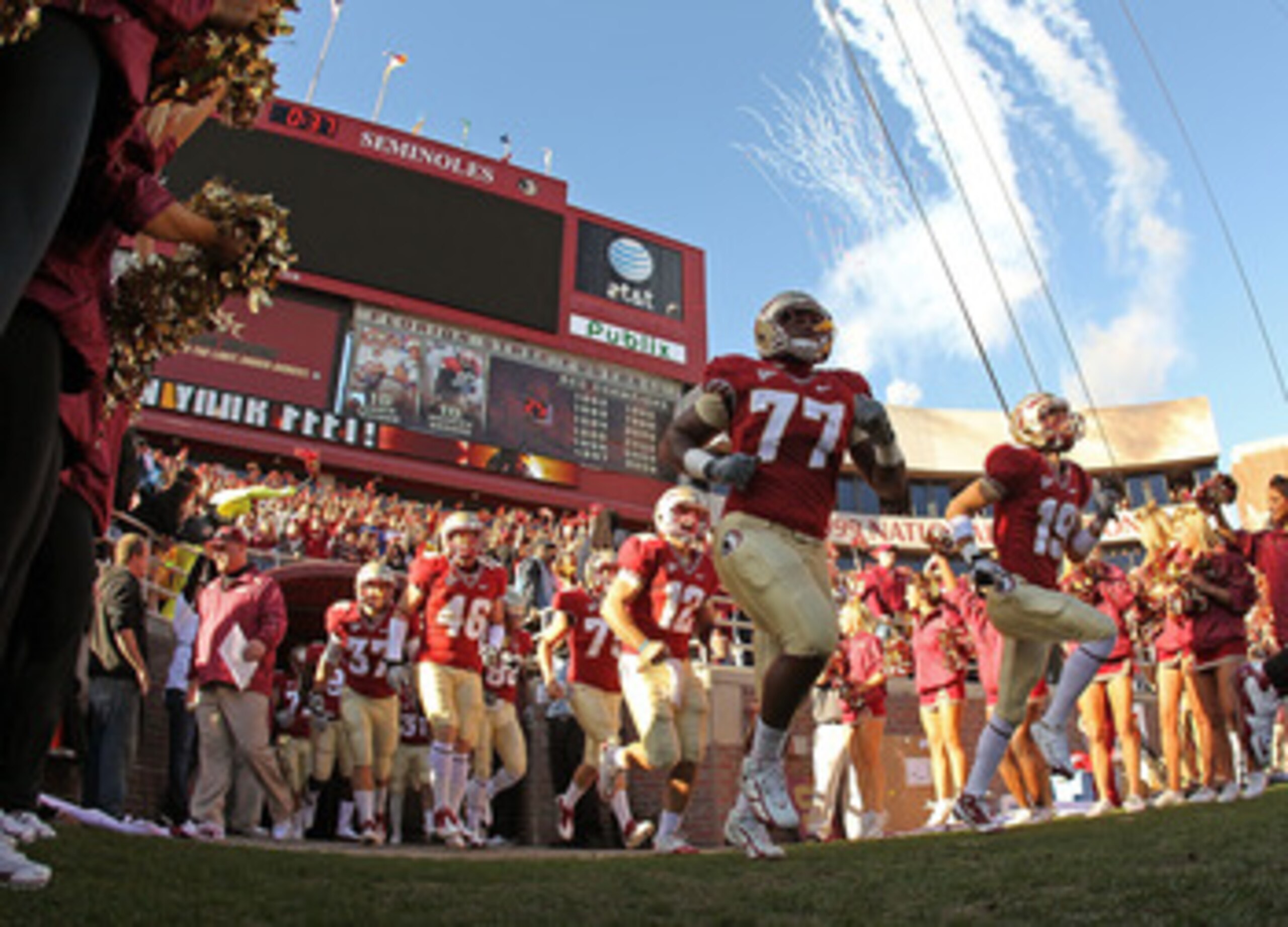 TALLAHASSEE, FL - NOVEMBER 27:  The Florida State Seminoles run out of the tunnel during a game against the Florida Gators at Doak Campbell Stadium on November 27, 2010 in Tallahassee, Florida.  (Photo by Mike Ehrmann/Getty Images)