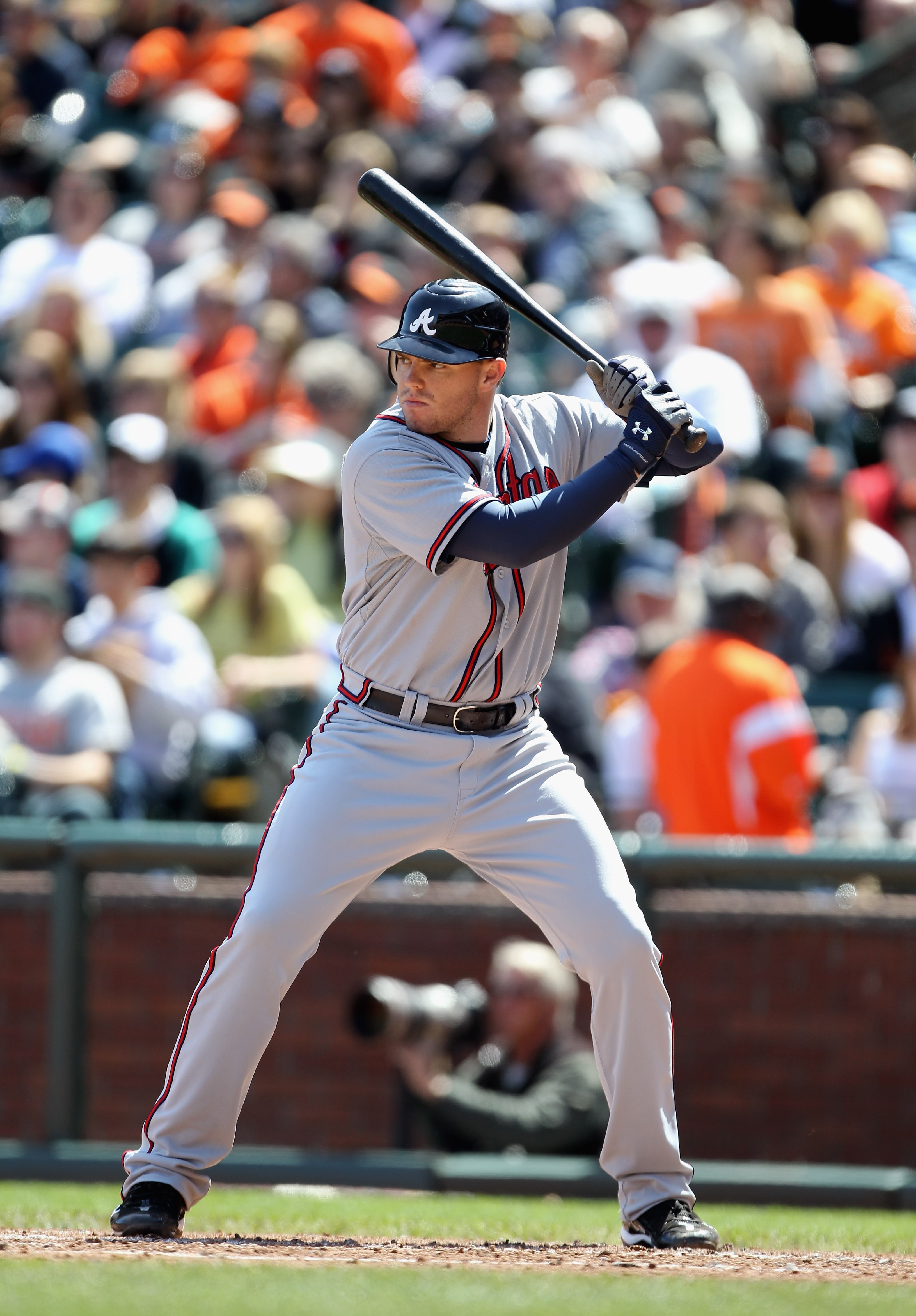 SAN FRANCISCO, CA - APRIL 24:  Freddie Freeman #5 of the Atlanta Braves in action against the San Francisco Giants at AT&T Park on April 24, 2011 in San Francisco, California.  (Photo by Ezra Shaw/Getty Images)