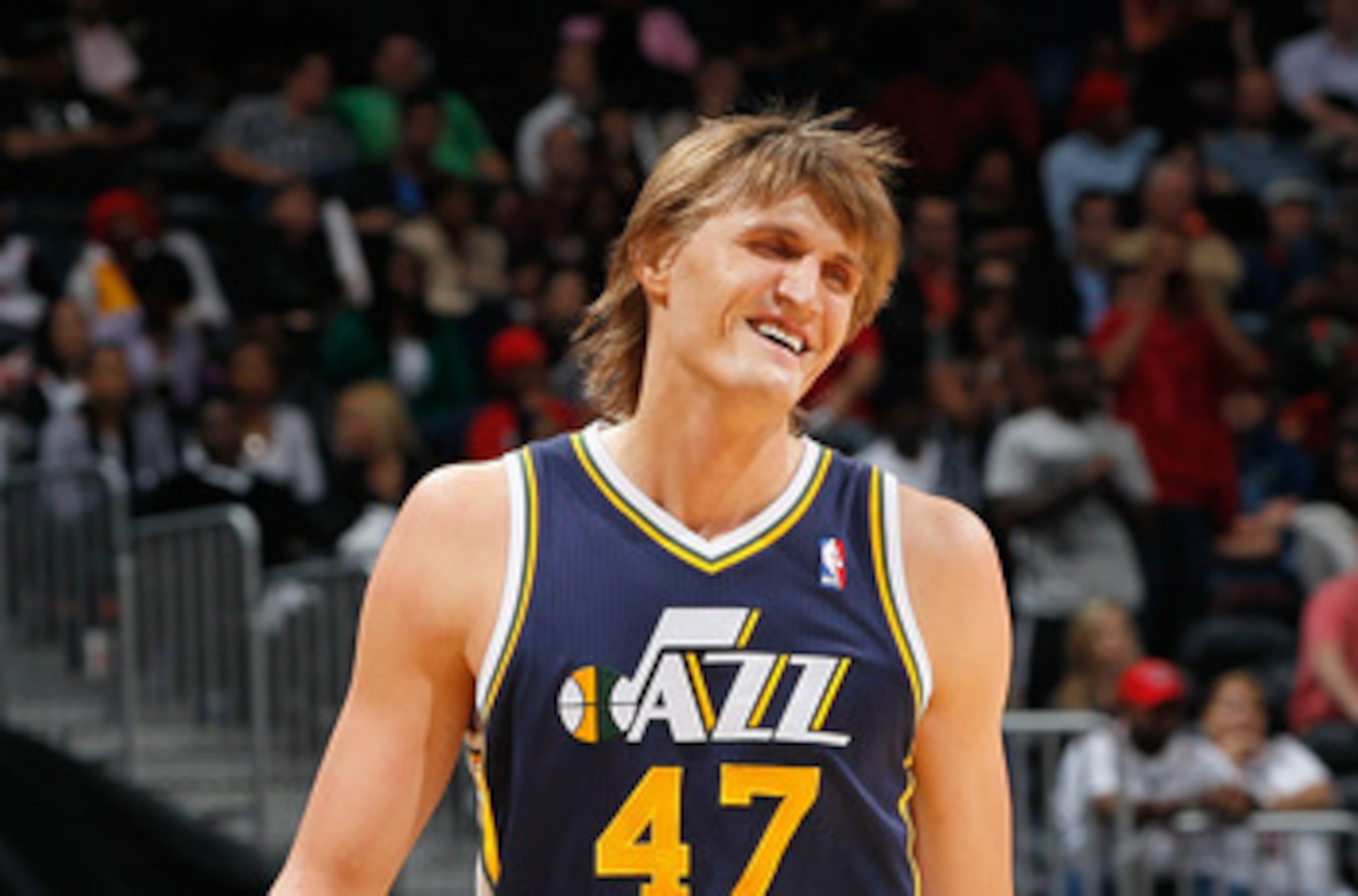 ATLANTA - NOVEMBER 12: Andrei Kirilenko #47 of the Utah Jazz against the Atlanta Hawks at Philips Arena on November 12, 2010 in Atlanta, Georgia. NOTE TO USER: User expressly acknowledges and agrees that, by downloading and/or using this Photograph, Use ATLANTA - NOVEMBER 12: Andrei Kirilenko #47 of the Utah Jazz against the Atlanta Hawks at Philips Arena on November 12, 2010 in Atlanta, Georgia. NOTE TO USER: User expressly acknowledges and agrees that, by downloading and/or using this Photograph, Use