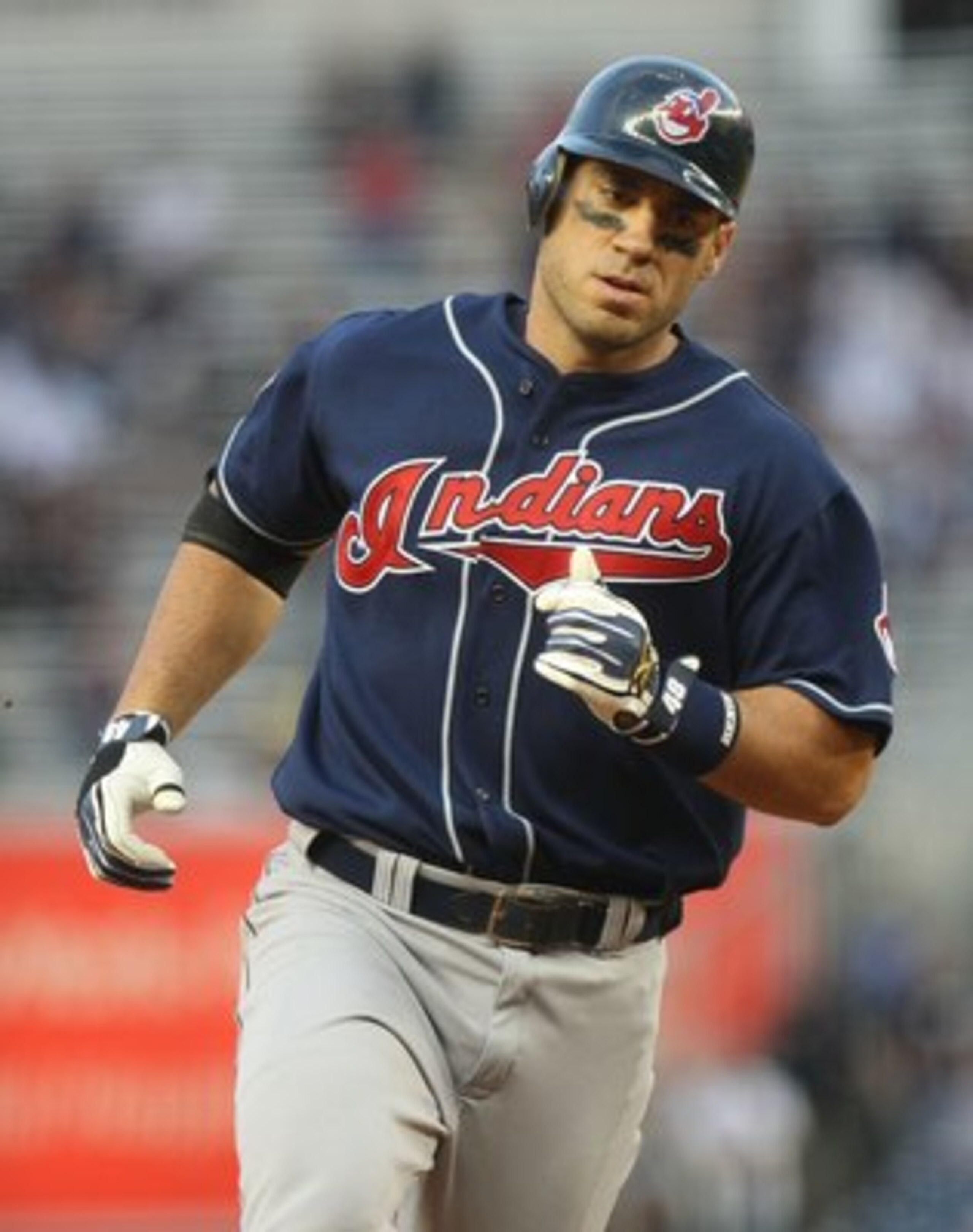 NEW YORK - APRIL 18:  Travis Hafner #48 of the Cleveland Indians runs the bases against the New York Yankees at Yankee Stadium on April 18, 2009 in the Bronx borough of New York City.  (Photo by Nick Laham/Getty Images)