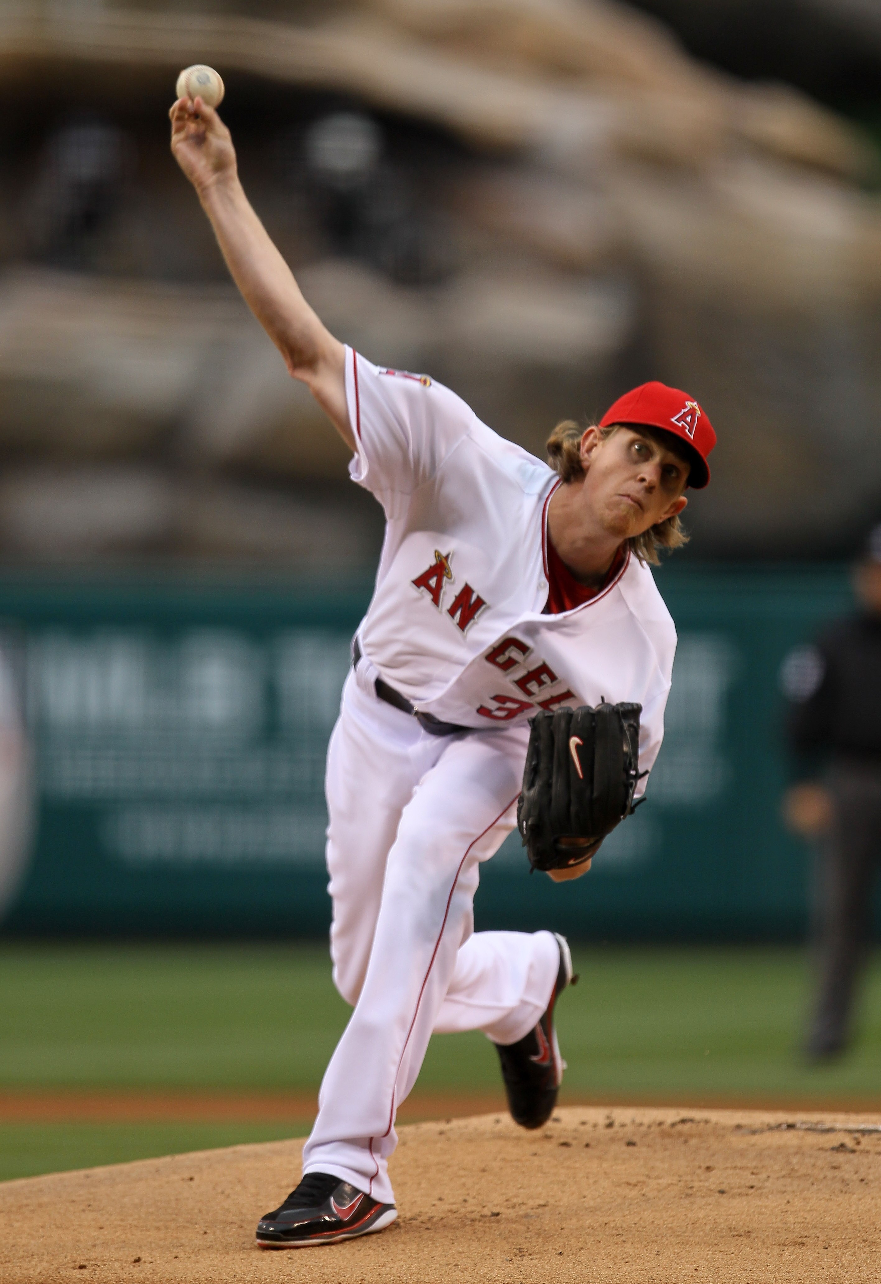 ANAHEIM, CA - MAY 7:  Jered Weaver #36 of the Los Angeles Angels of Anaheim throws a pitch against the Cleveland Indians on May 7, 2011 at Angel Stadium in Anaheim, California.    (Photo by Stephen Dunn/Getty Images)