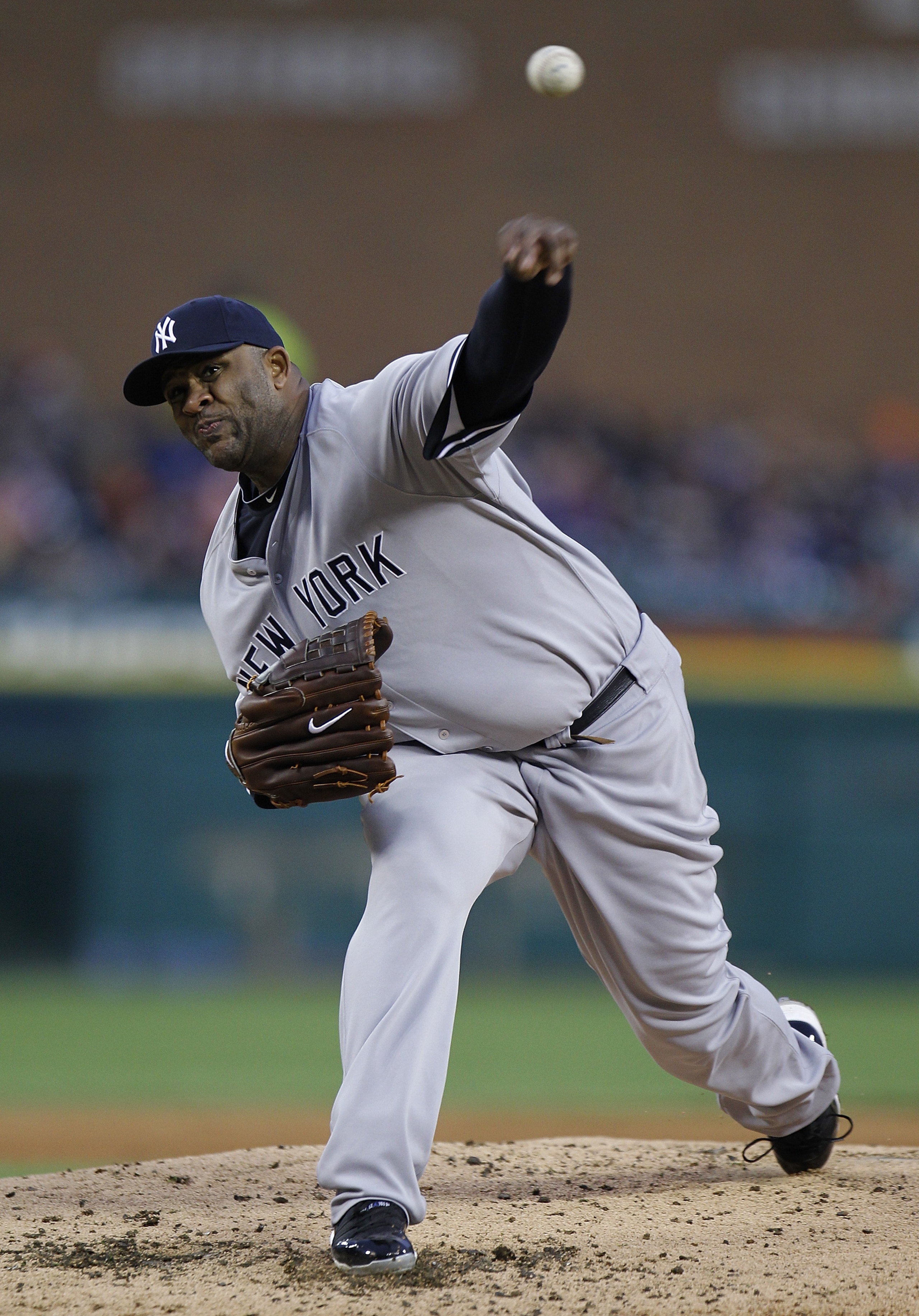 DETROIT, MI - MAY 03: CC Sabathia #52 of the New York Yankees throws a first inning pitch while playing the Detroit Tigers at Comerica Park on May 3, 2011 in Detroit, Michigan. (Photo by Gregory Shamus/Getty Images)