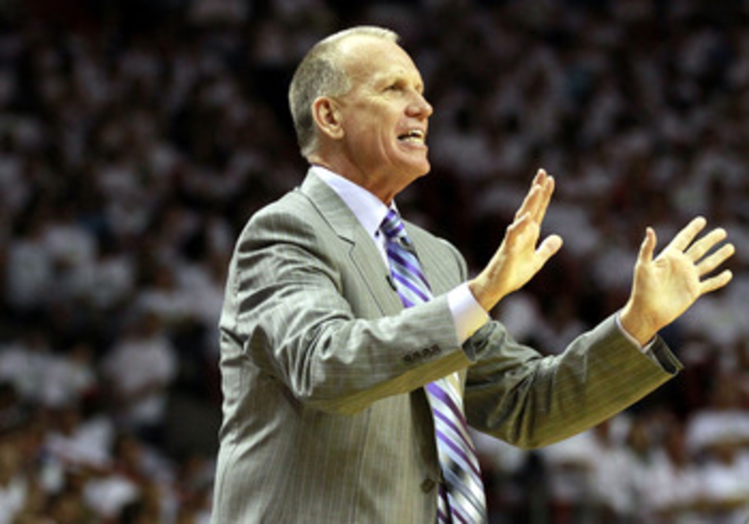 MIAMI, FL - APRIL 16: Heach Coach Doug Collins of the Philadelphia 76ers shouts at his team while playing the Miami Heat at the American Airlines Arena in game one of the Eastern Conference Quarterfinals in the 2011 NBA Playoffs on April 16, 2011 in Miam MIAMI, FL - APRIL 16: Heach Coach Doug Collins of the Philadelphia 76ers shouts at his team while playing the Miami Heat at the American Airlines Arena in game one of the Eastern Conference Quarterfinals in the 2011 NBA Playoffs on April 16, 2011 in Miam