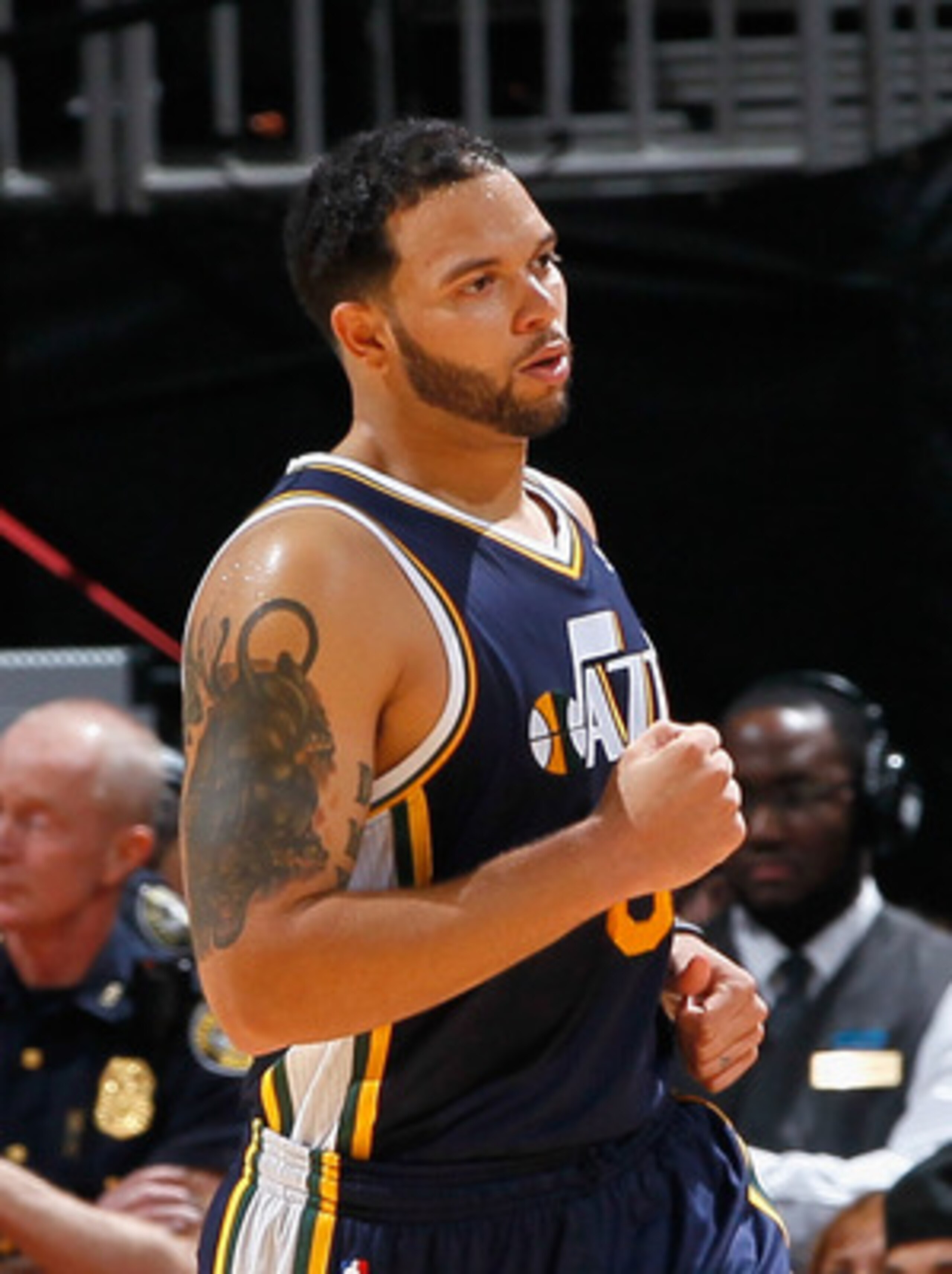 ATLANTA - NOVEMBER 12:  Deron Williams #8 of the Utah Jazz reacts after their 90-86 win over the Atlanta Hawks at Philips Arena on November 12, 2010 in Atlanta, Georgia.  NOTE TO USER: User expressly acknowledges and agrees that, by downloading and/or usi