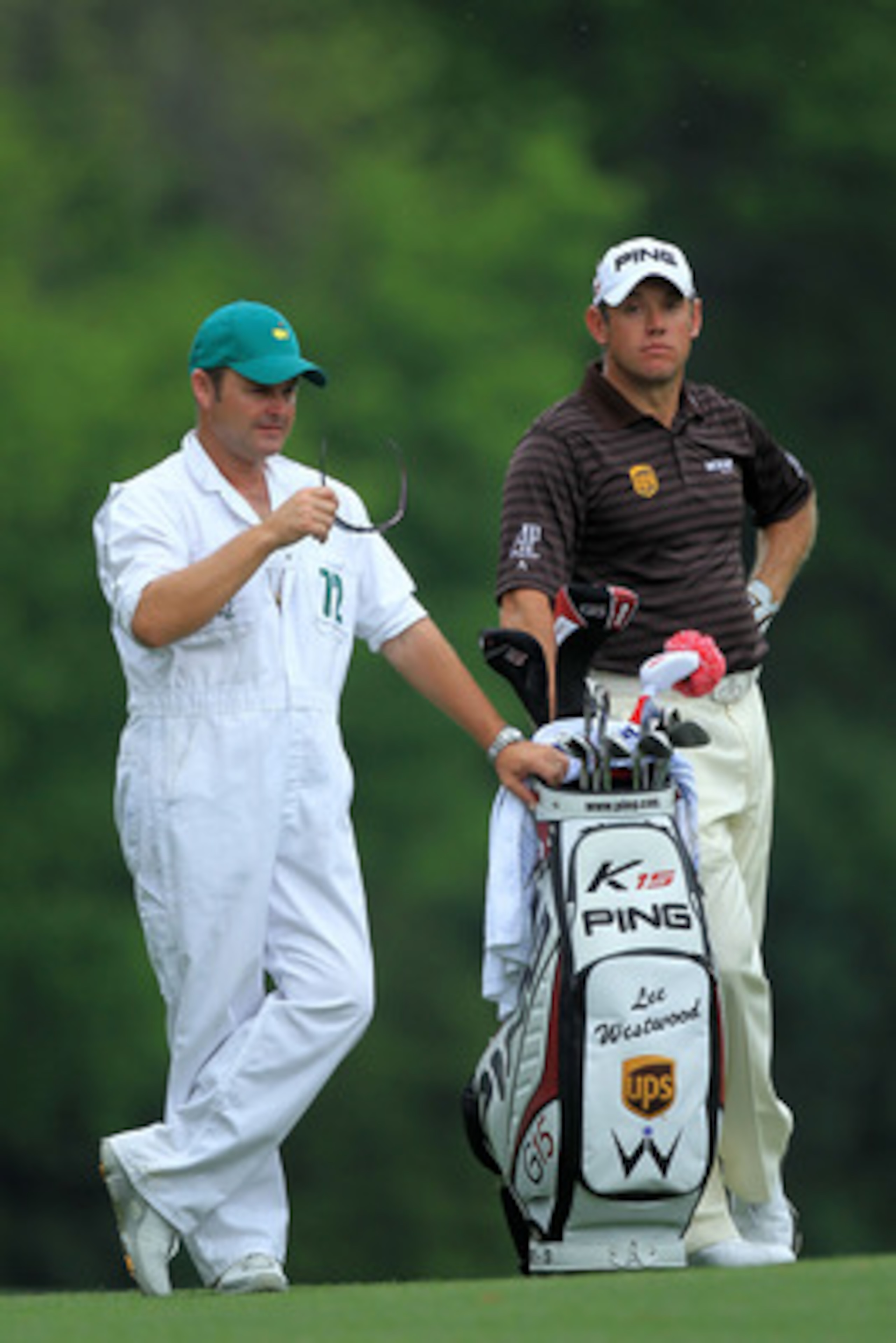 AUGUSTA, GA - APRIL 08:  Lee Westwood of England waits with his caddie Billy Foster on the fifth hole during the second round of the 2011 Masters Tournament at Augusta National Golf Club on April 8, 2011 in Augusta, Georgia.  (Photo by David Cannon/Getty