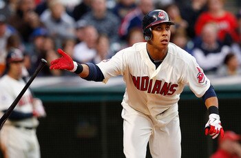 CLEVELAND - APRIL 30:  Michael Brantley #23 of the Cleveland Indians hits a solo home run against the Detroit Tigers during the game on April 30, 2011 at Progressive Field in Cleveland, Ohio.  (Photo by Jared Wickerham/Getty Images)
