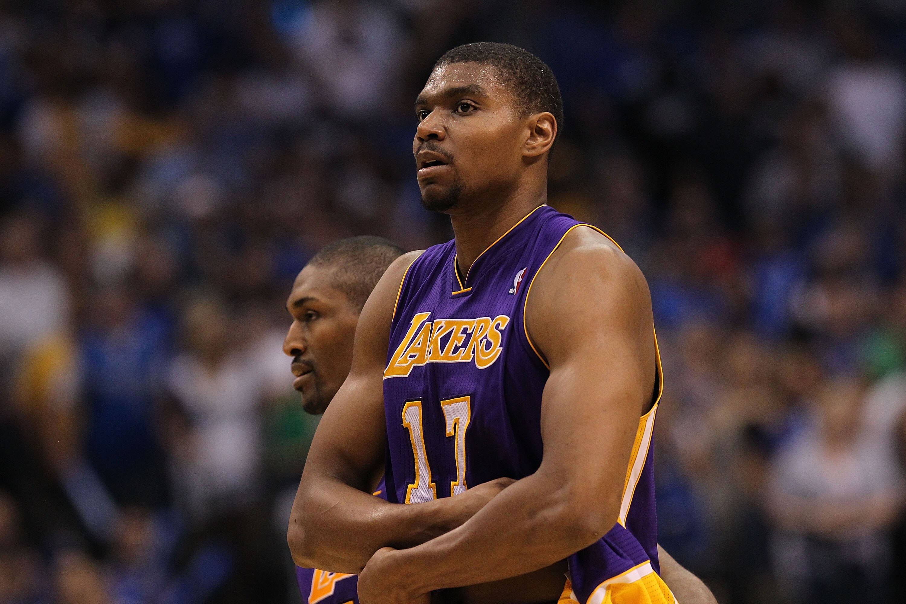 DALLAS, TX - MAY 08:  Andrew Bynum #17 of the Los Angeles Lakers is ejected from play against the Dallas Mavericks in Game Four of the Western Conference Semifinals during the 2011 NBA Playoffs on May 8, 2011 at American Airlines Center in Dallas, Texas.