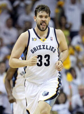 MEMPHIS, TN - MAY 09:  Marc Gasol #33 of the Memphis Grizzlies celebrates during the game against the Oklahoma City Thunder in Game Four of the Western Conference Semifinals in the 2011 NBA Playoffs at FedExForum on May 9, 2011 in Memphis, Tennessee. NOTE