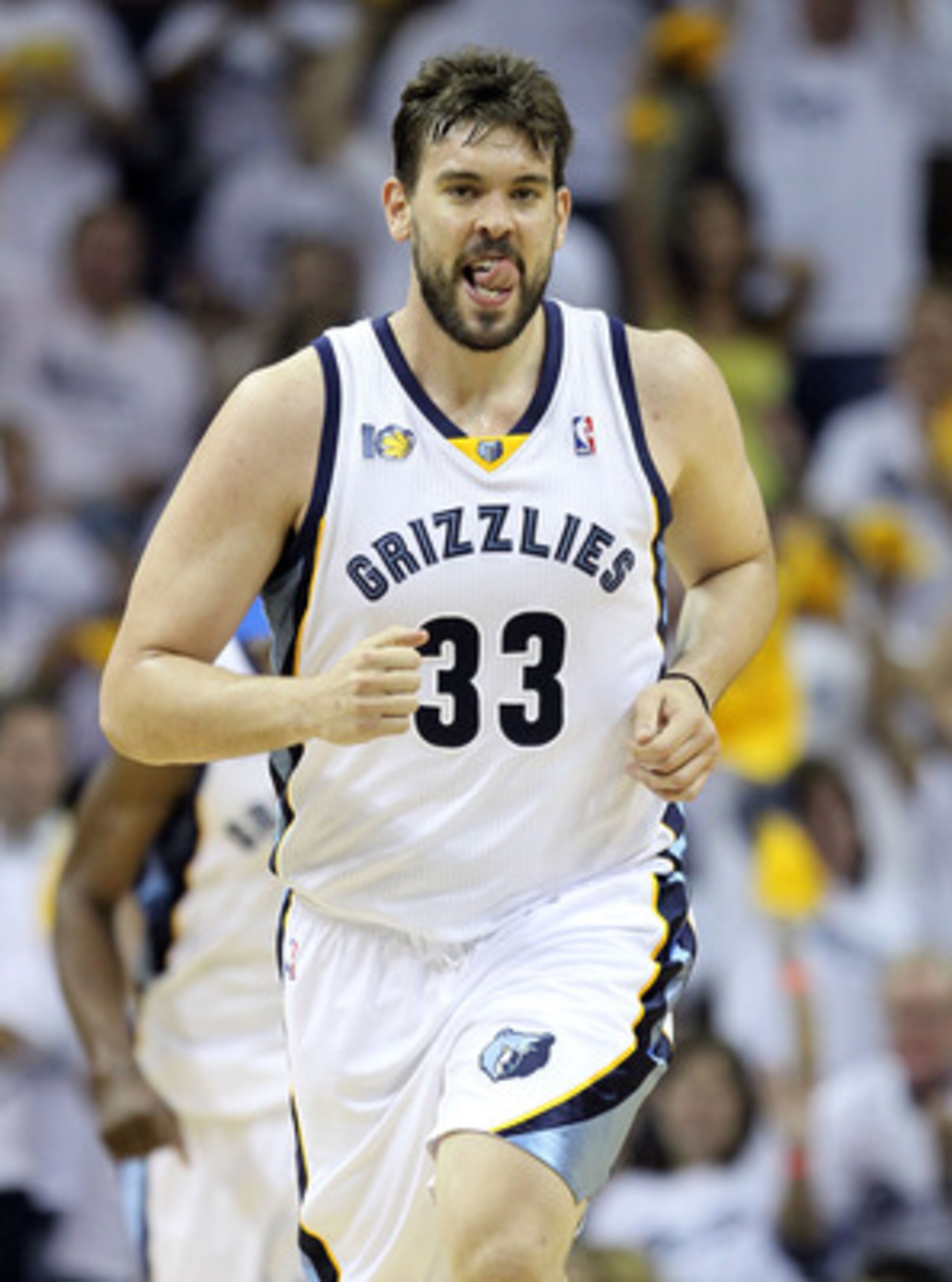 MEMPHIS, TN - MAY 09: Marc Gasol #33 of the Memphis Grizzlies celebrates during the game against the Oklahoma City Thunder in Game Four of the Western Conference Semifinals in the 2011 NBA Playoffs at FedExForum on May 9, 2011 in Memphis, Tennessee. NOTE MEMPHIS, TN - MAY 09: Marc Gasol #33 of the Memphis Grizzlies celebrates during the game against the Oklahoma City Thunder in Game Four of the Western Conference Semifinals in the 2011 NBA Playoffs at FedExForum on May 9, 2011 in Memphis, Tennessee. NOTE