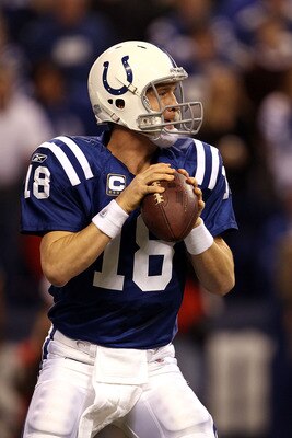 INDIANAPOLIS, IN - JANUARY 08: Quarterback Peyton Manning #18 of the Indianapolis Colts looks to pass against the New York Jets during their 2011 AFC wild card playoff game at Lucas Oil Stadium on January 8, 2011 in Indianapolis, Indiana. The Jets won 17 INDIANAPOLIS, IN - JANUARY 08: Quarterback Peyton Manning #18 of the Indianapolis Colts looks to pass against the New York Jets during their 2011 AFC wild card playoff game at Lucas Oil Stadium on January 8, 2011 in Indianapolis, Indiana. The Jets won 17