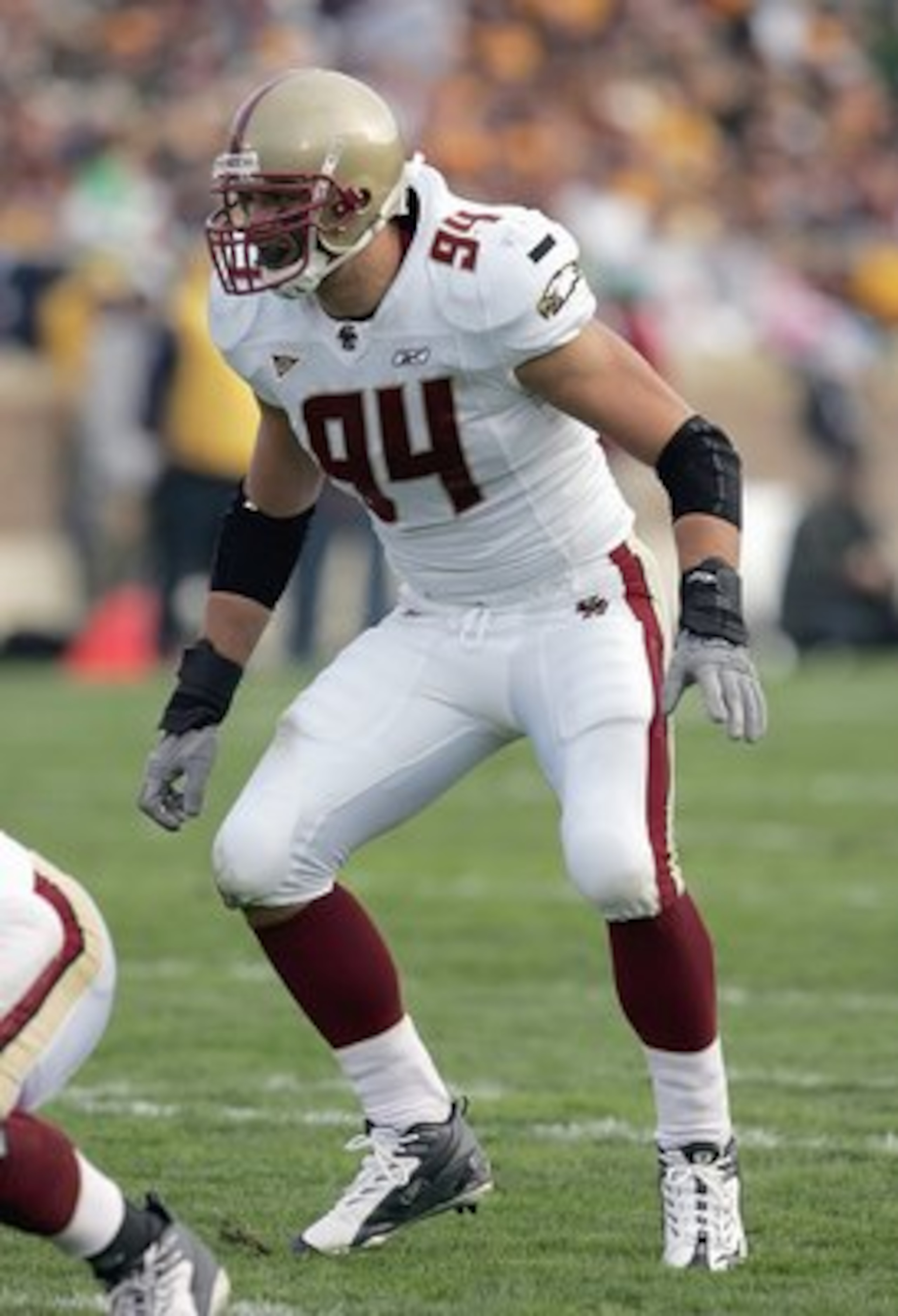 SOUTH BEND, IN - OCTOBER 13: Mark Herzlich #94 of the Boston College Eagles moves on the field during the game against the Notre Dame Fighting Irish on October 13, 2007 at Notre Dame Stadium in South Bend, Indiana. Boston College defeated Notre Dame 27-14