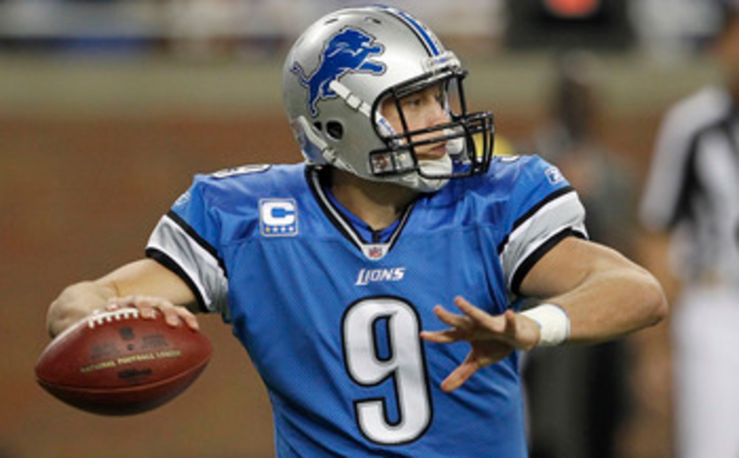 DETROIT - OCTOBER 31:  Matthew Stafford #9 of the Detroit Lions drops back to pass during the fourth quarter of the game against the Washington Redskins at Ford Field on October 31, 2010 in Detroit, Michigan. The Lions defeated the Redskins 37-25.  (Photo