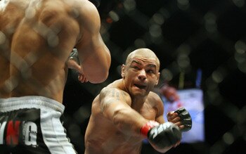 CHICAGO- OCTOBER 25:  Thiago Alves (R) fights Josh Koscheck in a Welterweight bout  at UFC's Ultimate Fight Night at Allstate Arena on October 25, 2008 in Chicago, Illinois. (Photo by Tasos Katopodis/Getty Images)