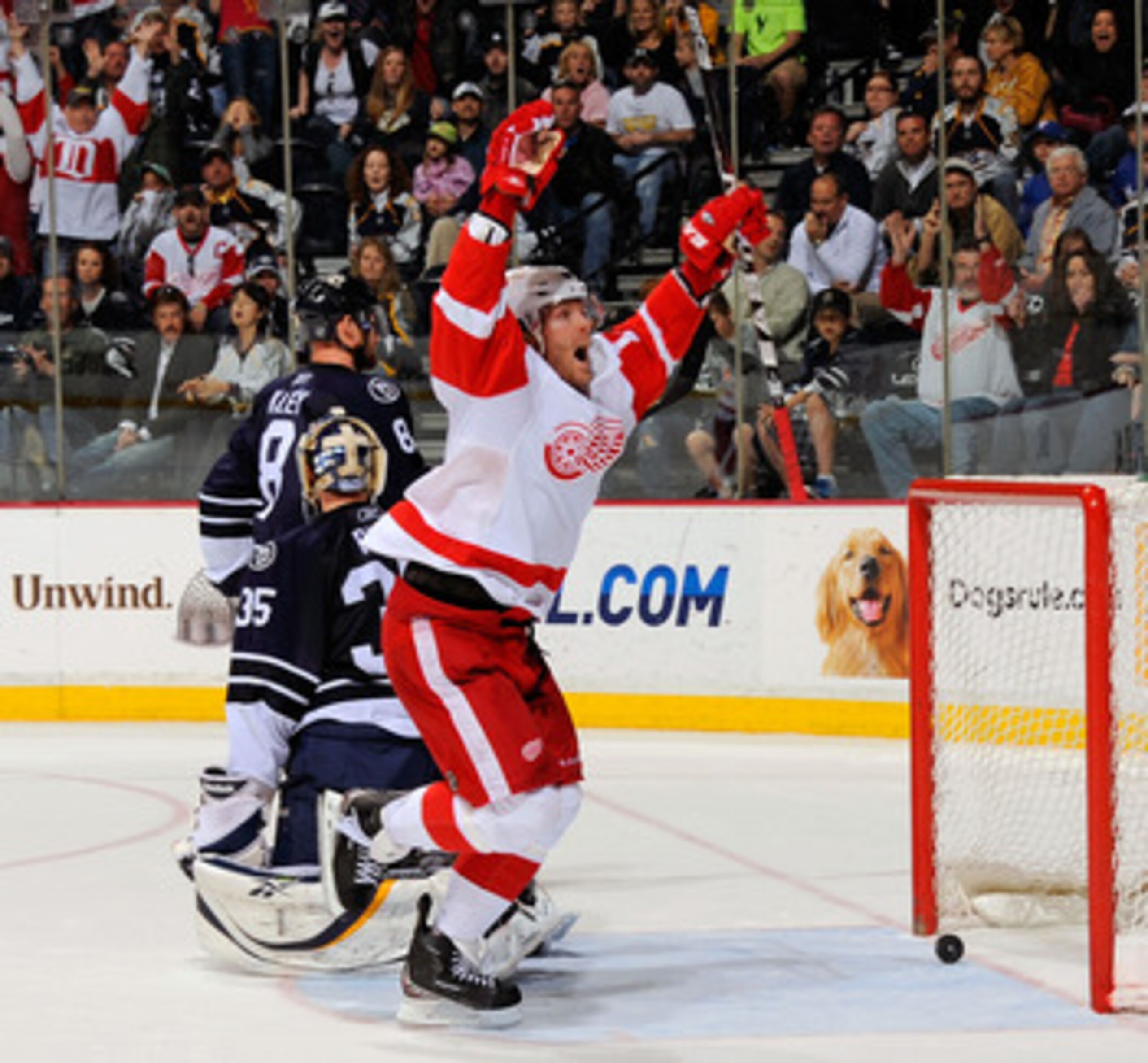 NASHVILLE, TN - APRIL 02: Danny Cleary #11 of the Detroit Red Wings celebrates after scoring the overtime game winning goal against Pekka Rinne #35 of the Nashville Predators on April 2, 2011 at the Bridgestone Arena in Nashville, Tennessee.  (Photo by Fr