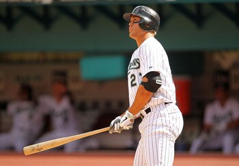 MIAMI GARDENS, FL - APRIL 24:  Mike Stanton #27 of the Florida Marlins hits a 3 run HR during a game against the Colorado Rockies at Sun Life Stadium on April 24, 2011 in Miami Gardens, Florida.  (Photo by Mike Ehrmann/Getty Images)