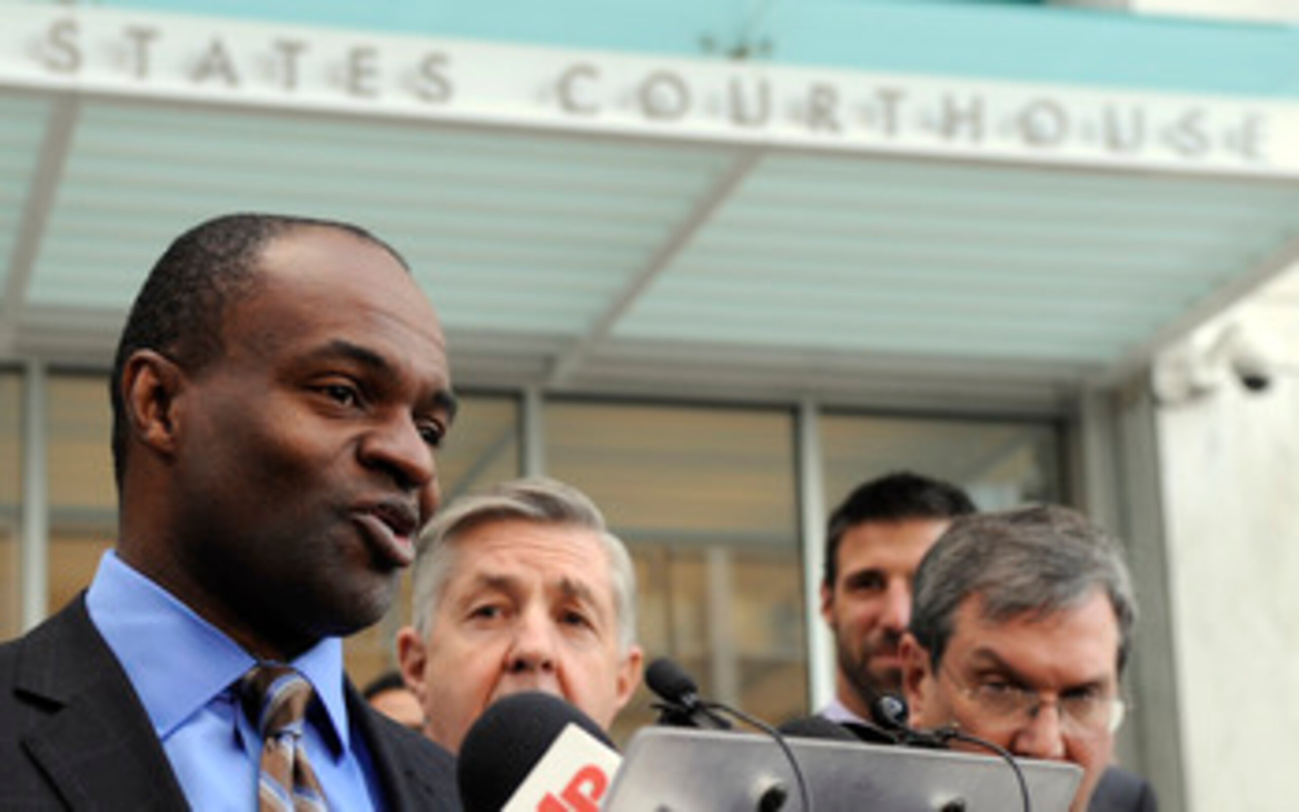 SAINT PAUL, MN - APRIL 6: Former NFL Players Association executive director DeMaurice Smith speaks to members of the media following a hearing at the U.S. Courthouse on April 6, 2011 in Saint Paul, Minnesota. NFL players have filed an antitrust lawsuit ag