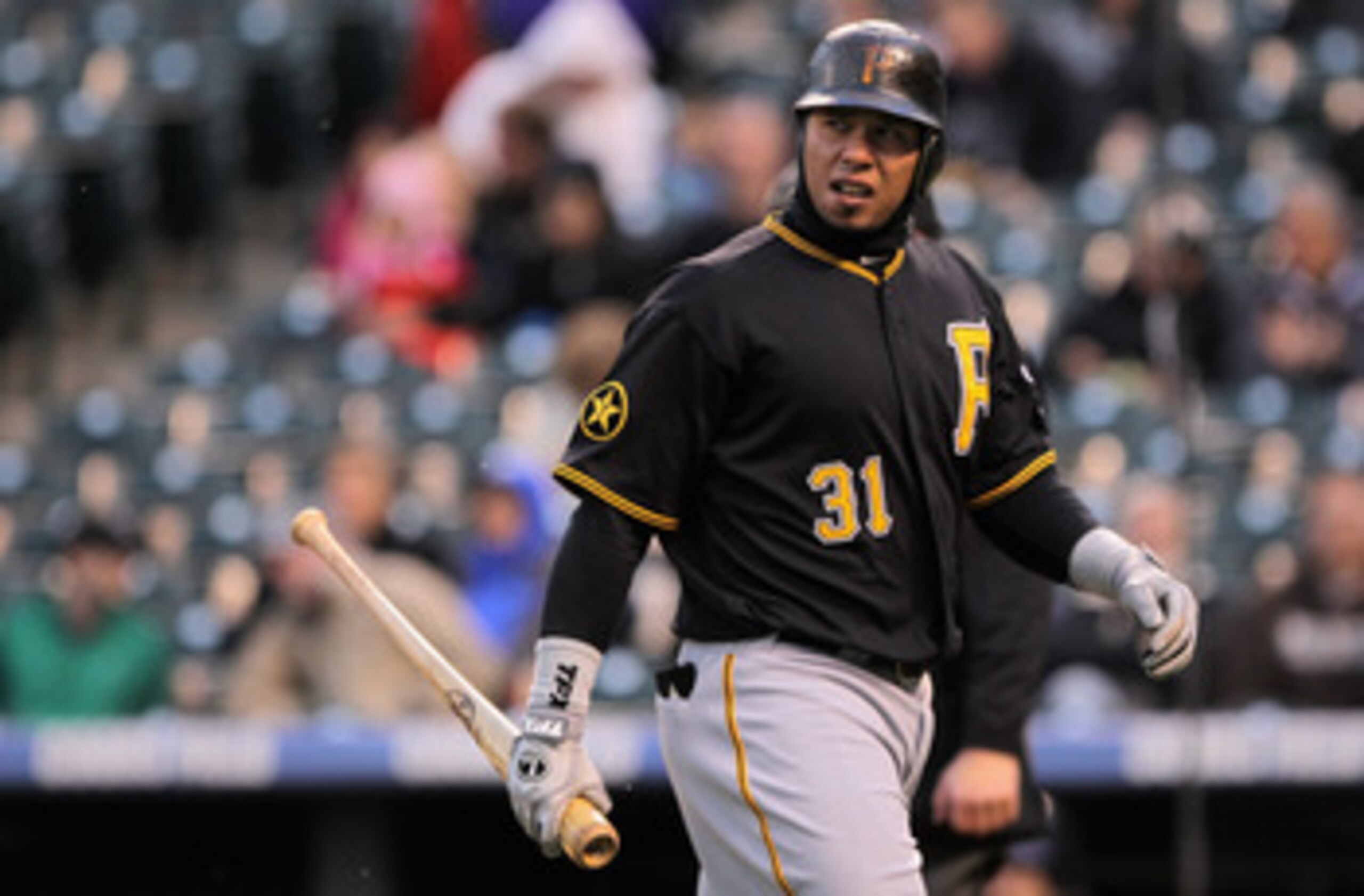 DENVER, CO - APRIL 29:  Jose Tabata #31 of the Pittsburgh Pirates looks on after striking out against starting pitcher Jhoulys Chacin #45 of the Colorado Rockies in the first inning at Coors Field on April 29, 2011 in Denver, Colorado.  (Photo by Doug Pen