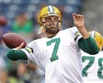 SEATTLE - AUGUST 21:  Quarterback Graham Harrell #7 of the Green Bay Packers warms up prior to the preseason game against the Seattle Seahawks at Qwest Field on August 21, 2010 in Seattle, Washington. (Photo by Otto Greule Jr/Getty Images)