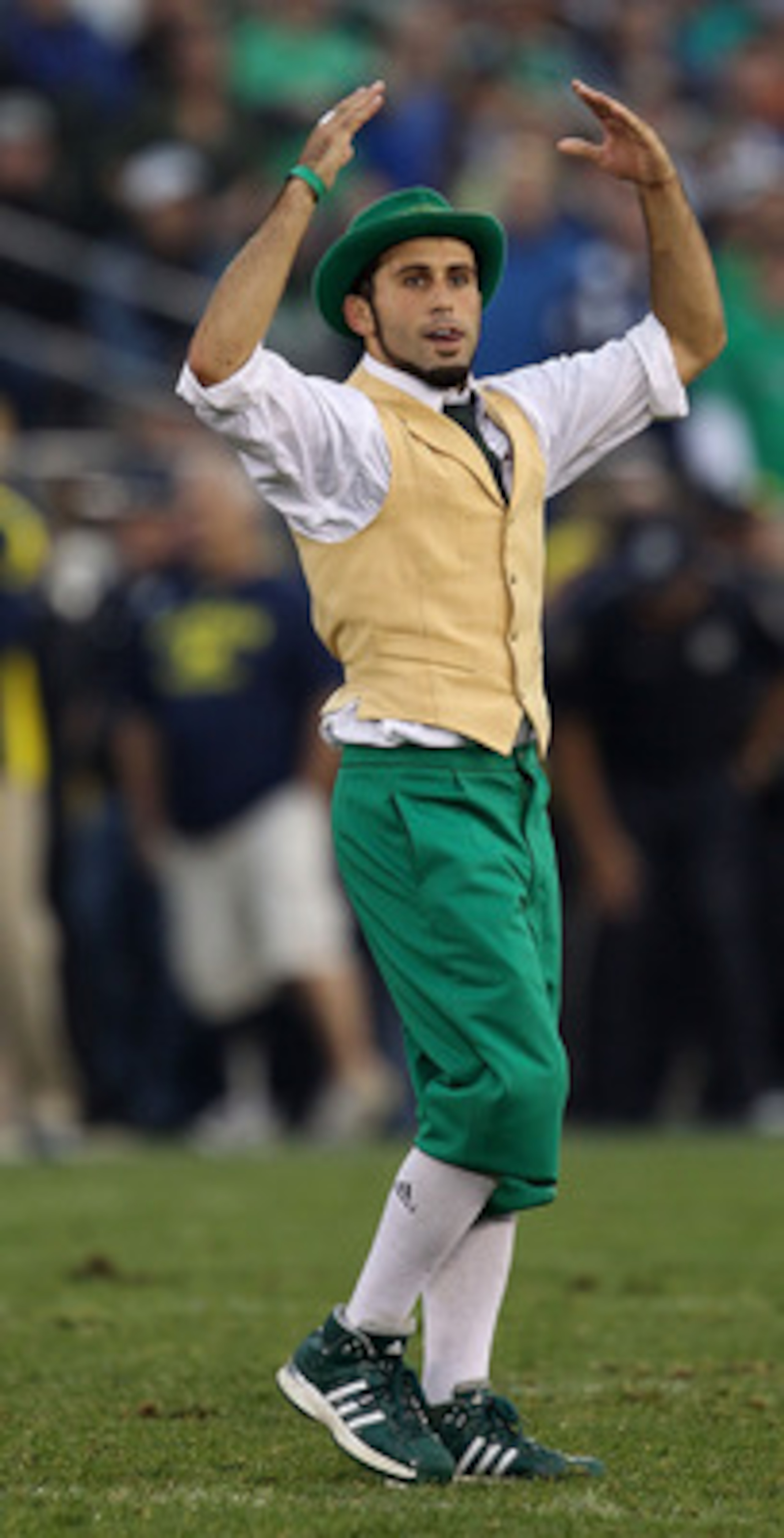 SOUTH BEND, IN - SEPTEMBER 11: The leprechaun mascot for the Notre Dame Fighting Irish performs during a game against the Michigan Wolverines at Notre Dame Stadium on September 11, 2010 in South Bend, Indiana. Michigan defeated Notre Dame 28-24. (Photo by SOUTH BEND, IN - SEPTEMBER 11: The leprechaun mascot for the Notre Dame Fighting Irish performs during a game against the Michigan Wolverines at Notre Dame Stadium on September 11, 2010 in South Bend, Indiana. Michigan defeated Notre Dame 28-24. (Photo by