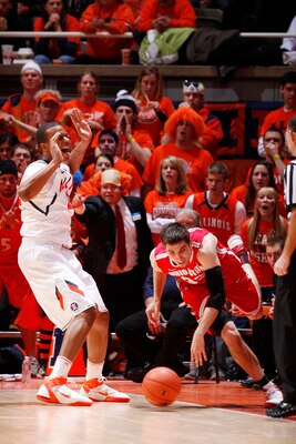CHAMPAIGN, IL - JANUARY 22: Jereme Richmond #22 of the Illinois Fighting Illini reacts after being called for a foul while defending against Jon Diebler #33 of the Ohio State Buckeyes at Assembly Hall on January 22, 2011 in Champaign, Illinois. Ohio State
