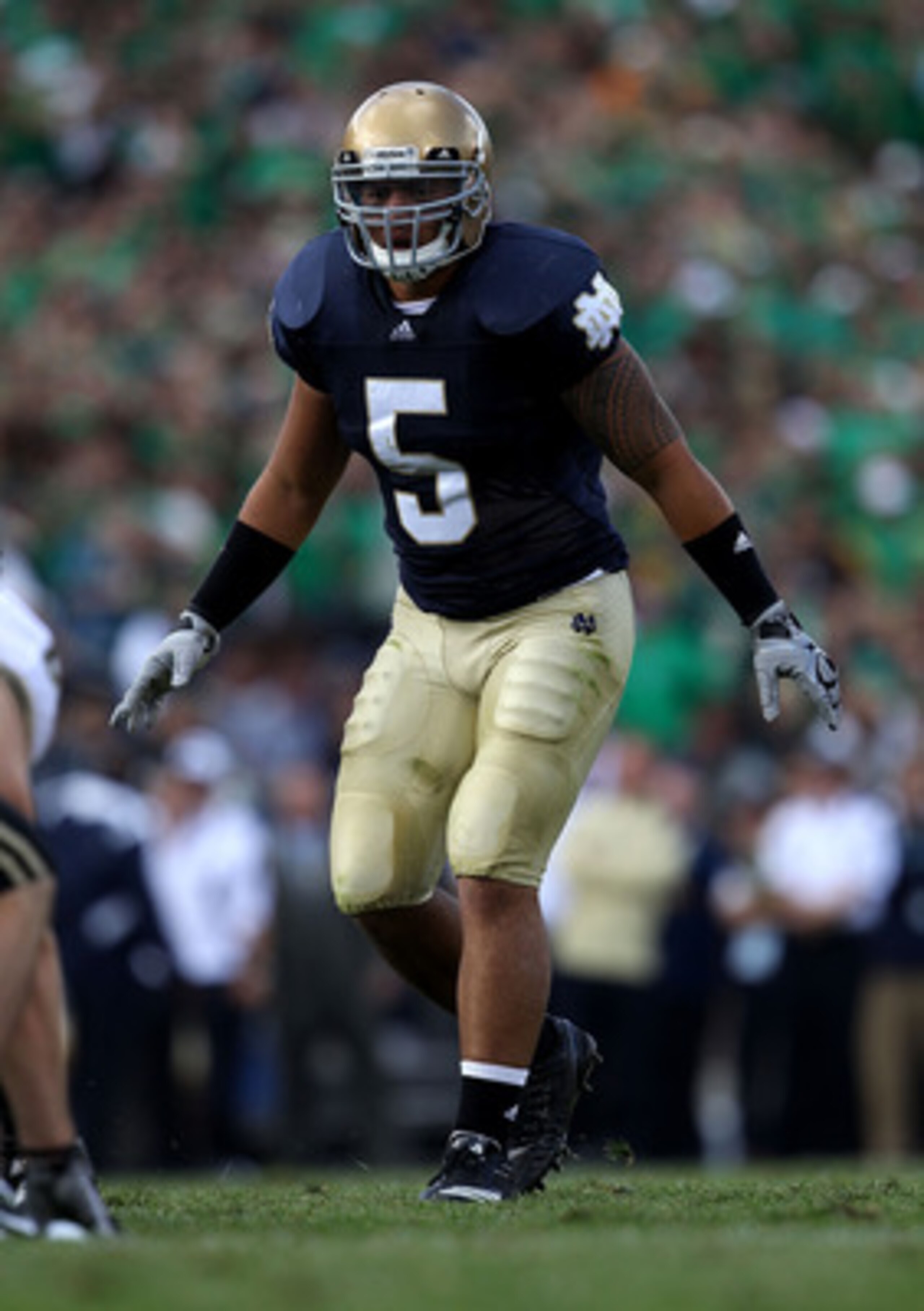 SOUTH BEND, IN - SEPTEMBER 04: Manti Te'o #5 of the Notre Dame Fighting Irish awaits the start of play against the Purdue Boilermakers at Notre Dame Stadium on September 4, 2010 in South Bend, Indiana. Notre Dame defeated Purdue 23-12. (Photo by Jonathan