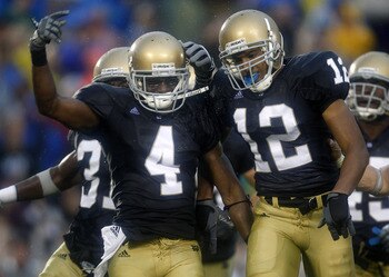 SOUTH BEND, IN - SEPTEMBER 13:  Gary Gray #4 of the Notre Dame Fighting Irish is congratulated by Robert Blanton #12 after a fourth quarter interception while playing the Michigan Wolverines on September 13, 2008 at Notre Dame Stadium in South Bend, India