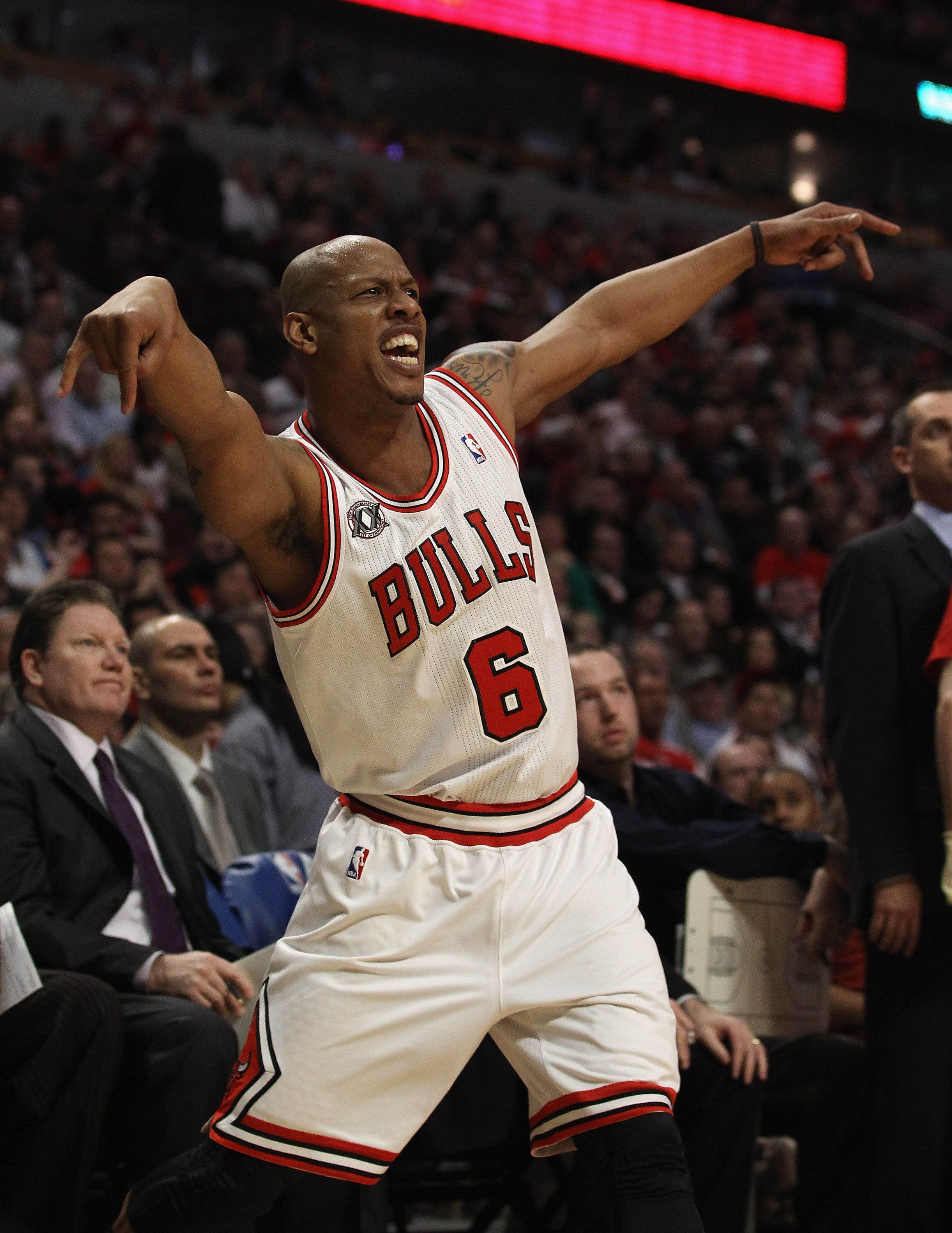 CHICAGO, IL - APRIL 26: Keith Bogans #6 of the Chicago Bulls celebrates hitting a three-point shot against the Indiana Pacers in Game Five of the Eastern Conference Quarterfinals in the 2011 NBA Playoffs at the United Center on April 26, 2011 in Chicago,