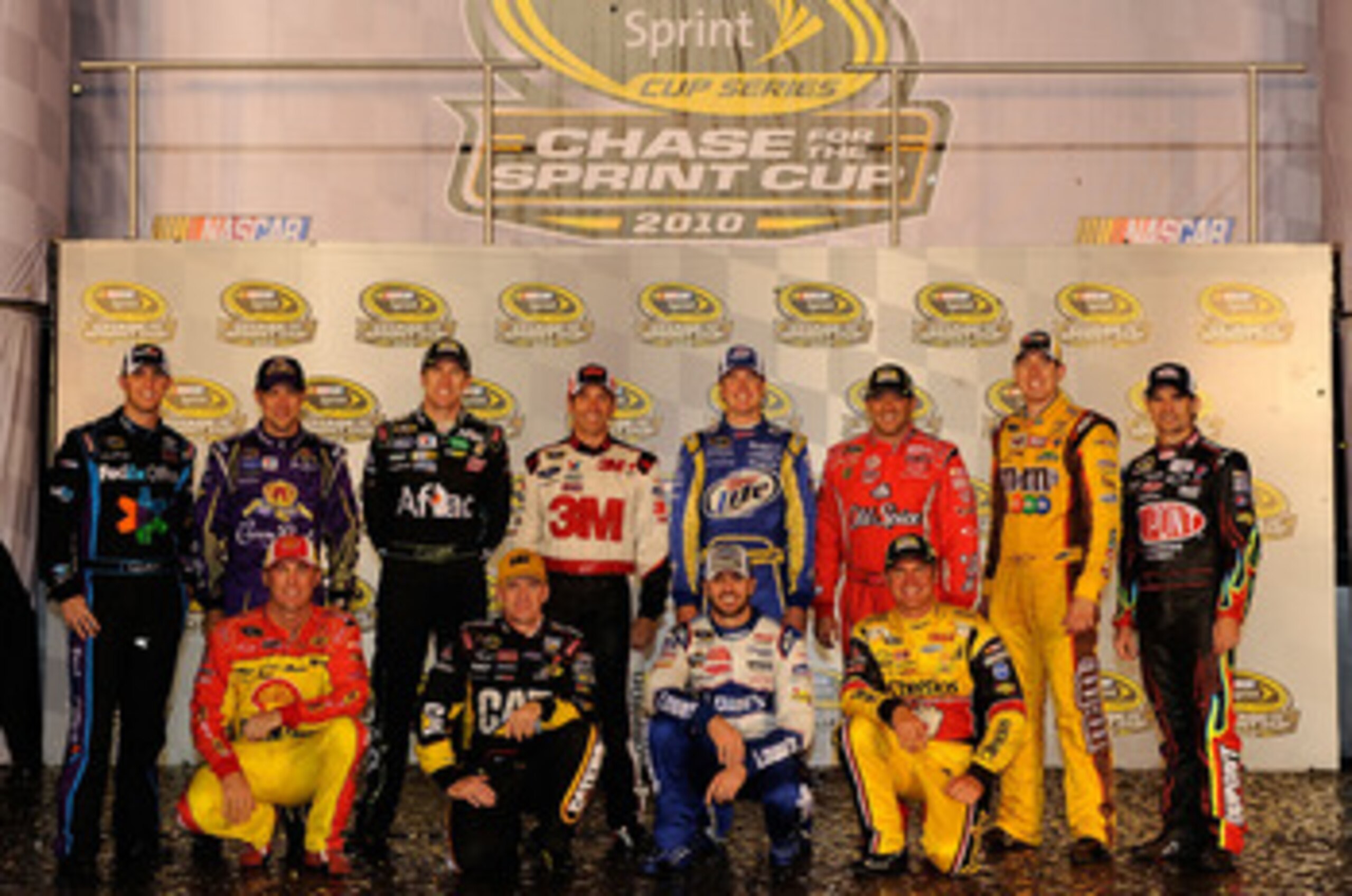RICHMOND, VA - SEPTEMBER 11:  (Back row from L-R) The 2010 NASCAR Sprint Cup Series Chase contenders Denny Hamlin, driver of the #11 FedEx Office Toyota, Matt Kenseth, driver of the #17 Crown Royal Ford, Carl Edwards, driver of the #99 Kellogg's/Cheez-It