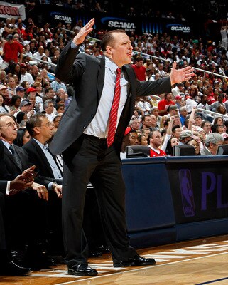 ATLANTA, GA - MAY 06:  Tom Thibodeau of the Chicago Bulls reacts to a play against the Atlanta Hawks in Game Three of the Eastern Conference Semifinals in the 2011 NBA Playoffs at Phillips Arena on May 6, 2011 in Atlanta, Georgia.  NOTE TO USER: User expr