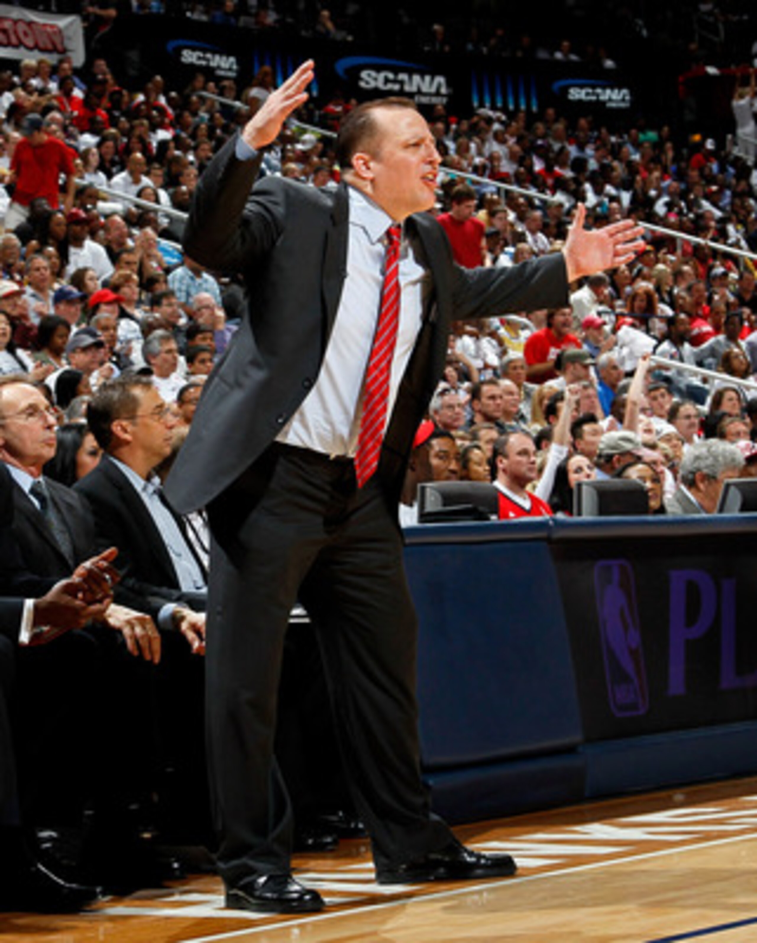 ATLANTA, GA - MAY 06:  Tom Thibodeau of the Chicago Bulls reacts to a play against the Atlanta Hawks in Game Three of the Eastern Conference Semifinals in the 2011 NBA Playoffs at Phillips Arena on May 6, 2011 in Atlanta, Georgia.  NOTE TO USER: User expr
