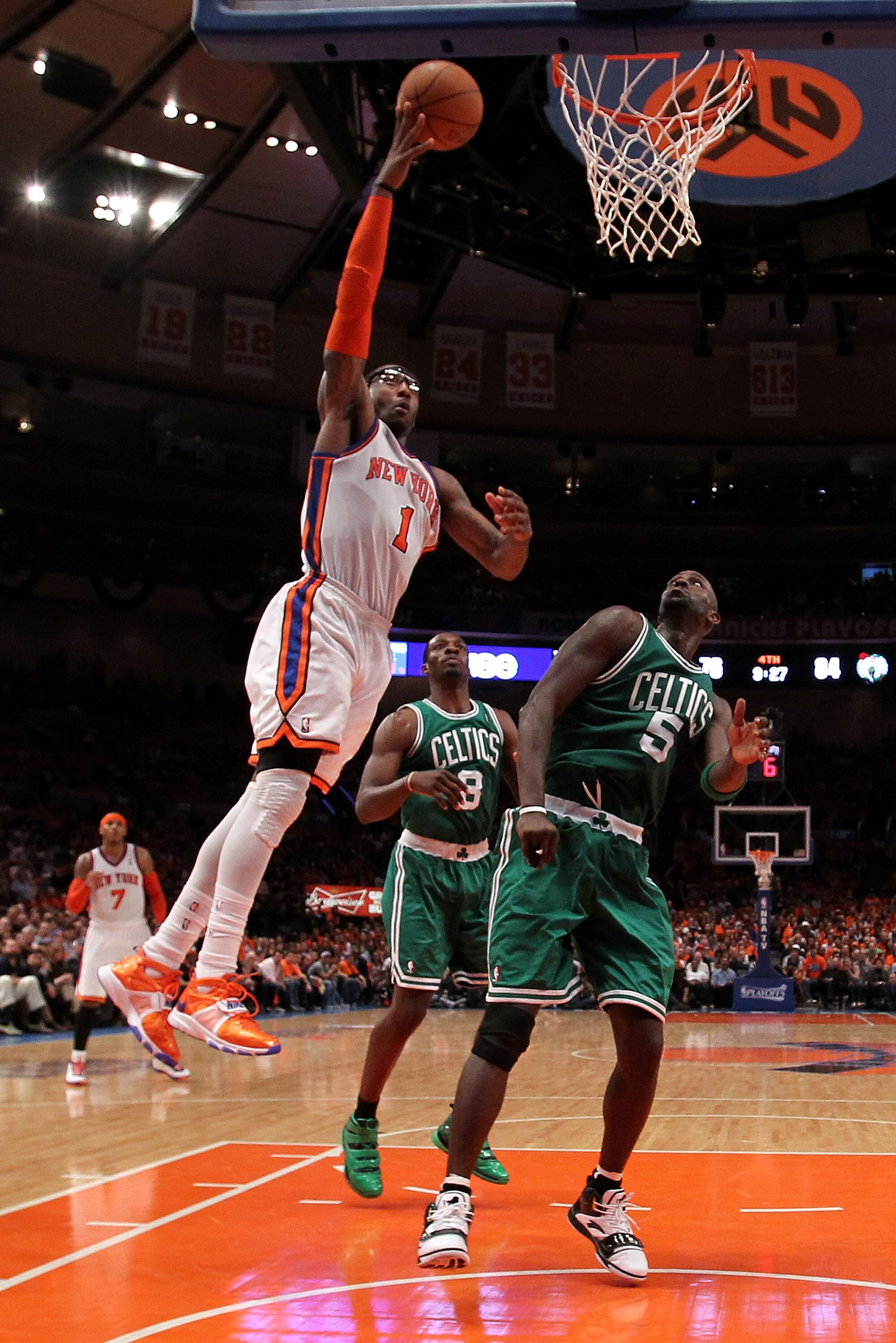 NEW YORK, NY - APRIL 24:  Amar'e Stoudemire #1 of the New York Knicks attempts a shot against Kevin Garnett #5 of the Boston Celtics in Game Four of the Eastern Conference Quarterfinals during the 2011 NBA Playoffs on April 24, 2011 at Madison Square Gard