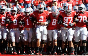 COLUMBUS, OH - SEPTEMBER 25:  Led by quarterback Terrelle Pryor #2, the Ohio State Buckeyes take the field for pregame warm ups before playing the Eastern Michigan Eagles at Ohio Stadium on September 25, 2010 in Columbus, Ohio.  (Photo by Jamie Sabau/Gett