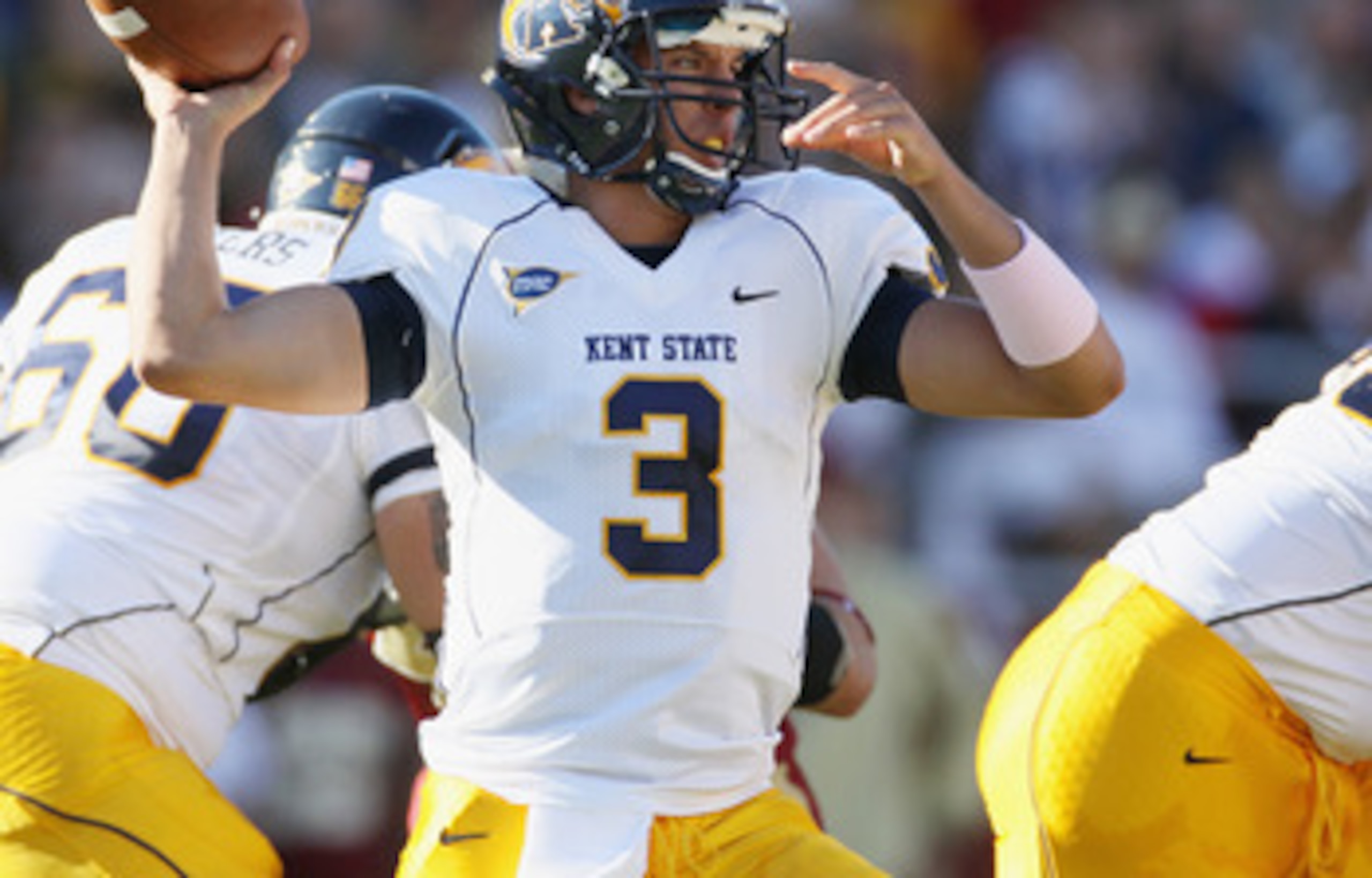 CHESTNUT HILL, MA - SEPTEMBER 11:  Spencer Keith #3 of the Kent State Golden Flashes passes in the first half against the Boston College Eagles on September 11, 2010 at Alumni Stadium in Chestnut Hill, Massachusetts.  (Photo by Elsa/Getty Images)