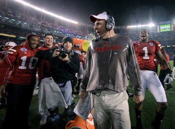 SAN DIEGO, CA - DECEMBER 30:  Head Coach Bo Pelini of the University of Nebraska Cornhuskers looks around after having sport drink dumped on him after their team's 33-0 victory against the University of Arizona Wildcats during the Pacific Life Holiday Bow