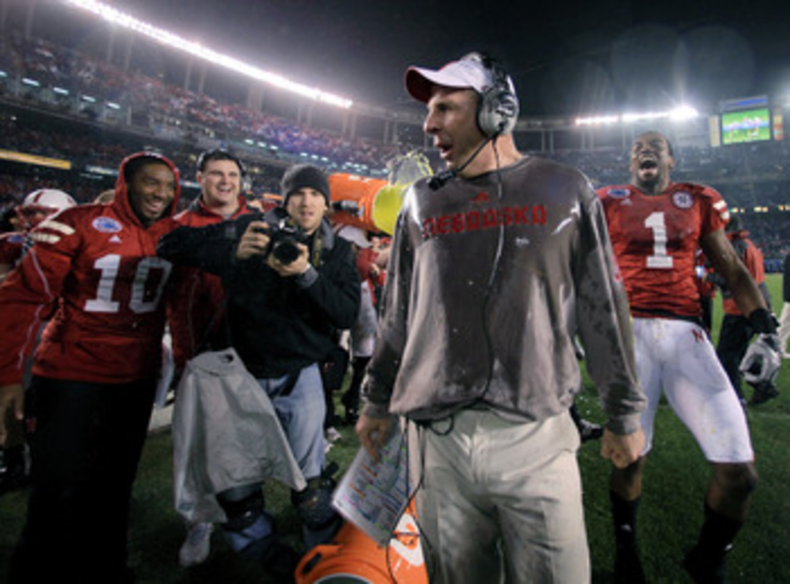 SAN DIEGO, CA - DECEMBER 30:  Head Coach Bo Pelini of the University of Nebraska Cornhuskers looks around after having sport drink dumped on him after their team's 33-0 victory against the University of Arizona Wildcats during the Pacific Life Holiday Bow