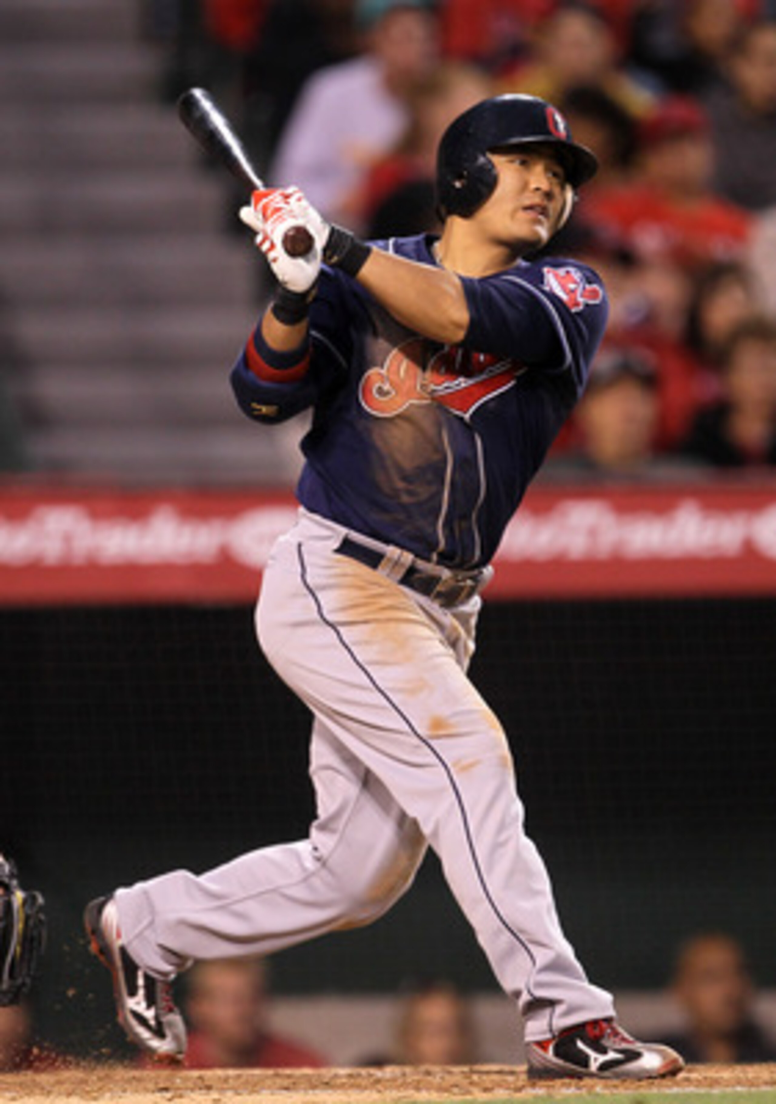 ANAHEIM, CA - MAY 7:  Shin-Soo Choo #17 of the Cleveland Indians hits a two RBI double in the third inning against the Los Angeles Angels of Anaheim on May 7, 2011 at Angel Stadium in Anaheim, California.    (Photo by Stephen Dunn/Getty Images)
