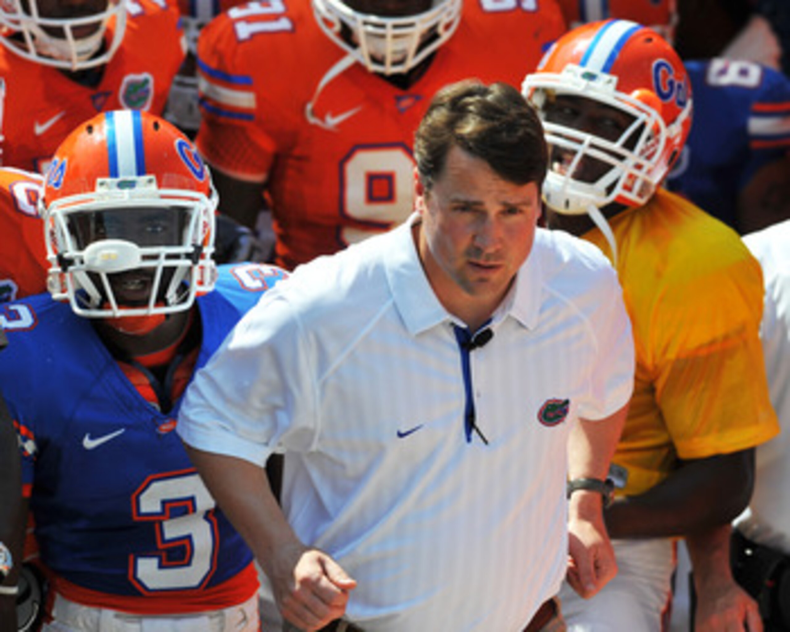 GAINESVILLE, FL - APRIL 9:  Coach Will Muschamp of the Florida Gators takes the field before the Orange and Blue spring football game April 9, 2010 Ben Hill Griffin Stadium in Gainesville, Florida.  (Photo by Al Messerschmidt/Getty Images)