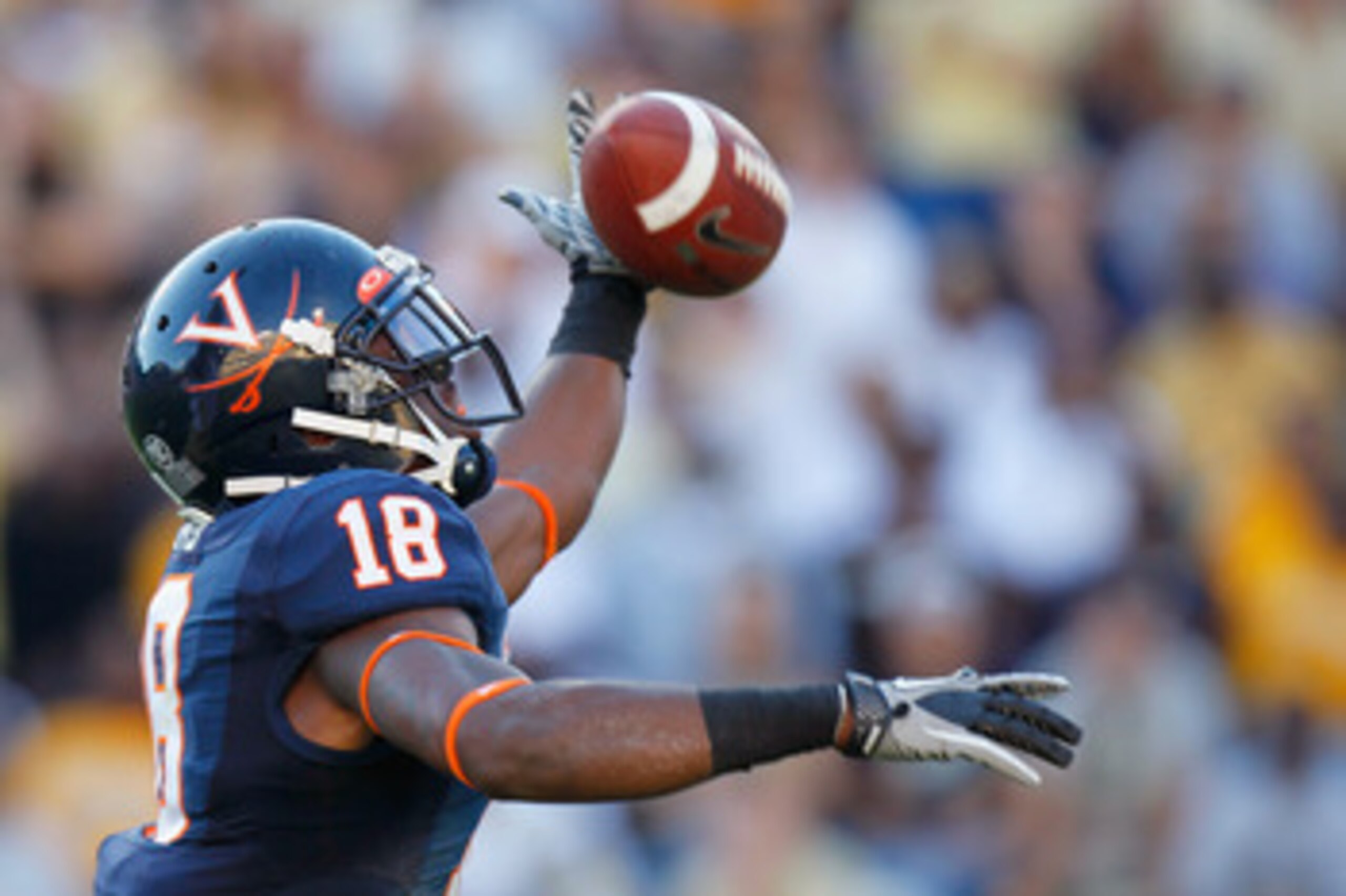 ATLANTA - OCTOBER 09:  Kris Burd #18 of the Virginia Cavaliers fails to pull in this reception against the Georgia Tech Yellow Jackets at Bobby Dodd Stadium on October 9, 2010 in Atlanta, Georgia.  (Photo by Kevin C. Cox/Getty Images)