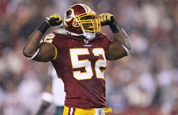 LANDOVER, MD - NOVEMBER 15: Rocky McIntosh #52 of the Washington Redskins celebrates after sacking Michael Vick #7 of the Philadelphia Eagles on November 15, 2010 at FedExField in Landover, Maryland.  (Photo by Chris McGrath/Getty Images)