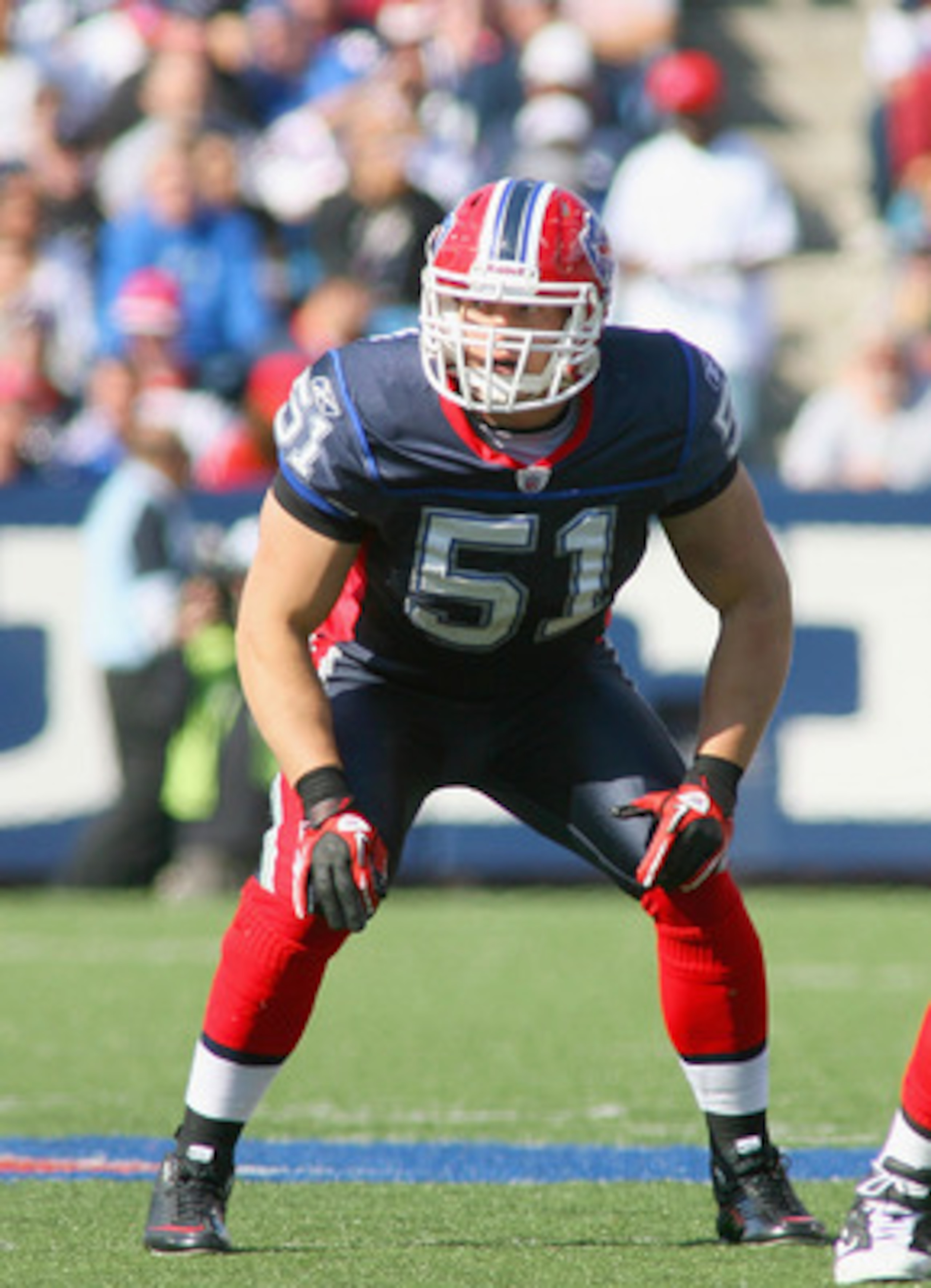 ORCHARD PARK, NY - OCTOBER 10: Paul Posluszny #51 of the Buffalo Bills lines up against the Jacksonville Jaguars at Ralph Wilson Stadium on October 10, 2010 in Orchard Park, New York. Jacksonville won 36-26. (Photo by Rick Stewart/Getty Images)