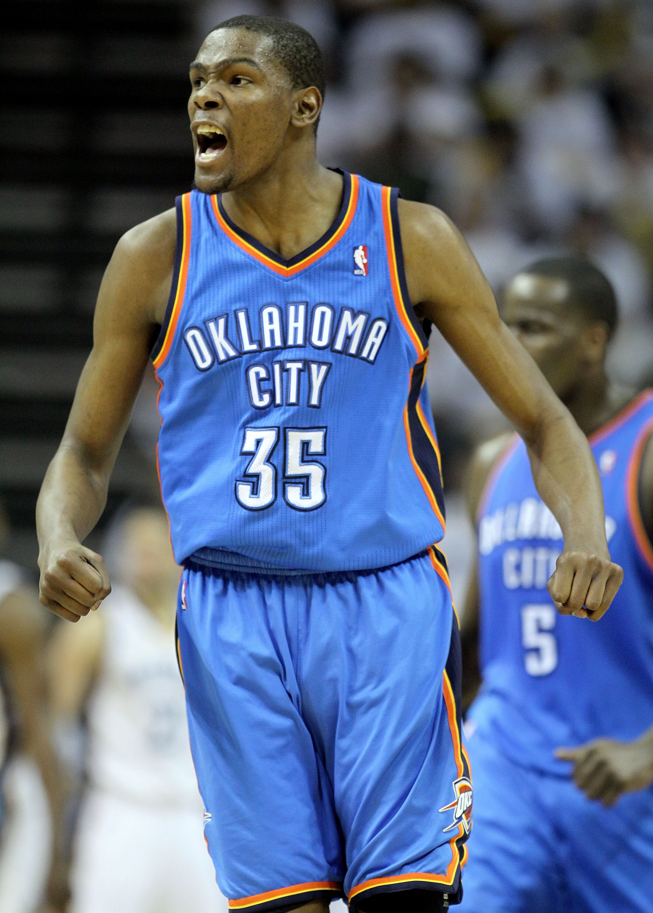 MEMPHIS, TN - MAY 09:  Kevin Durant #35 of the Oklahoma City Thunder celebrates during the game against the Memphis Grizzlies in Game Four of the Western Conference Semifinals in the 2011 NBA Playoffs at FedExForum on May 9, 2011 in Memphis, Tennessee.The